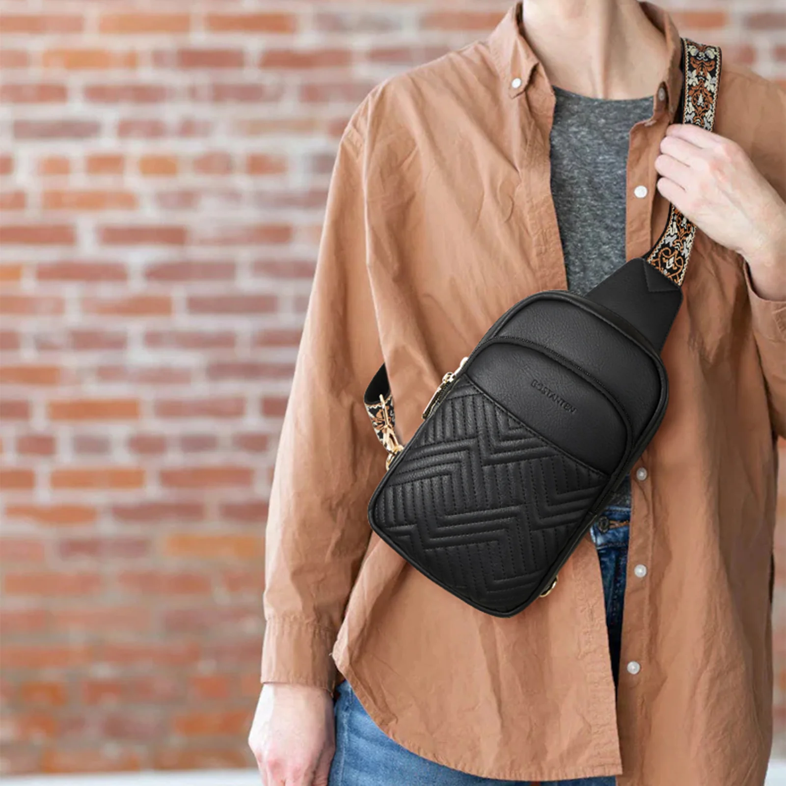 Aurora Chevron Quilted Embroidered Strap Sling Bag - Image 18