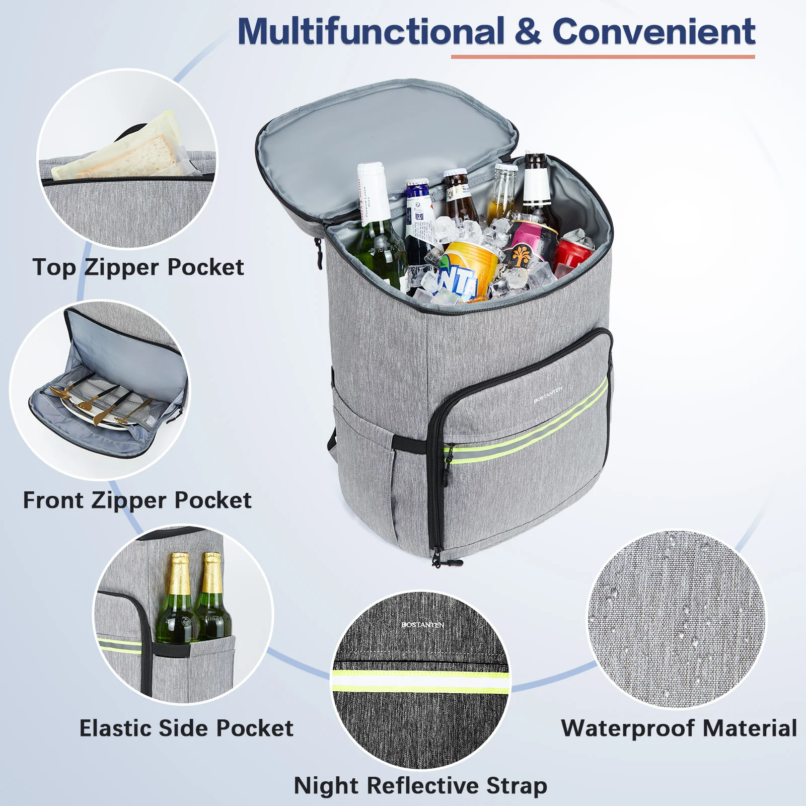 Backpack Cooler - 30 Cans Leakproof Insulated Cooler Backpack with Trolley Sleeve, Lightweight Soft Cooler Bag - Image 13