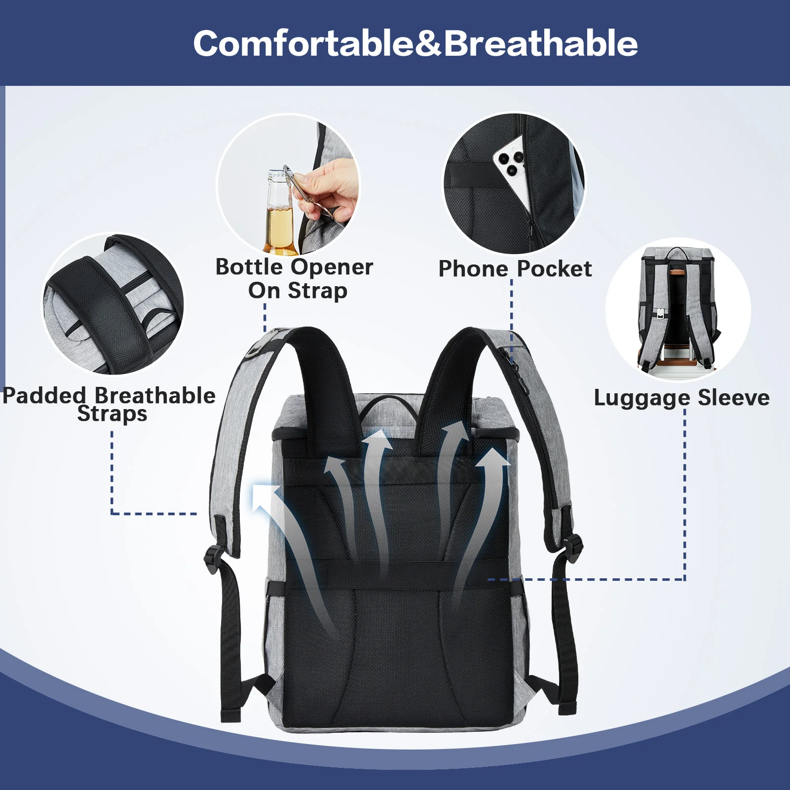 Backpack Cooler - 30 Cans Leakproof Insulated Cooler Backpack with Trolley Sleeve, Lightweight Soft Cooler Bag - Image 14