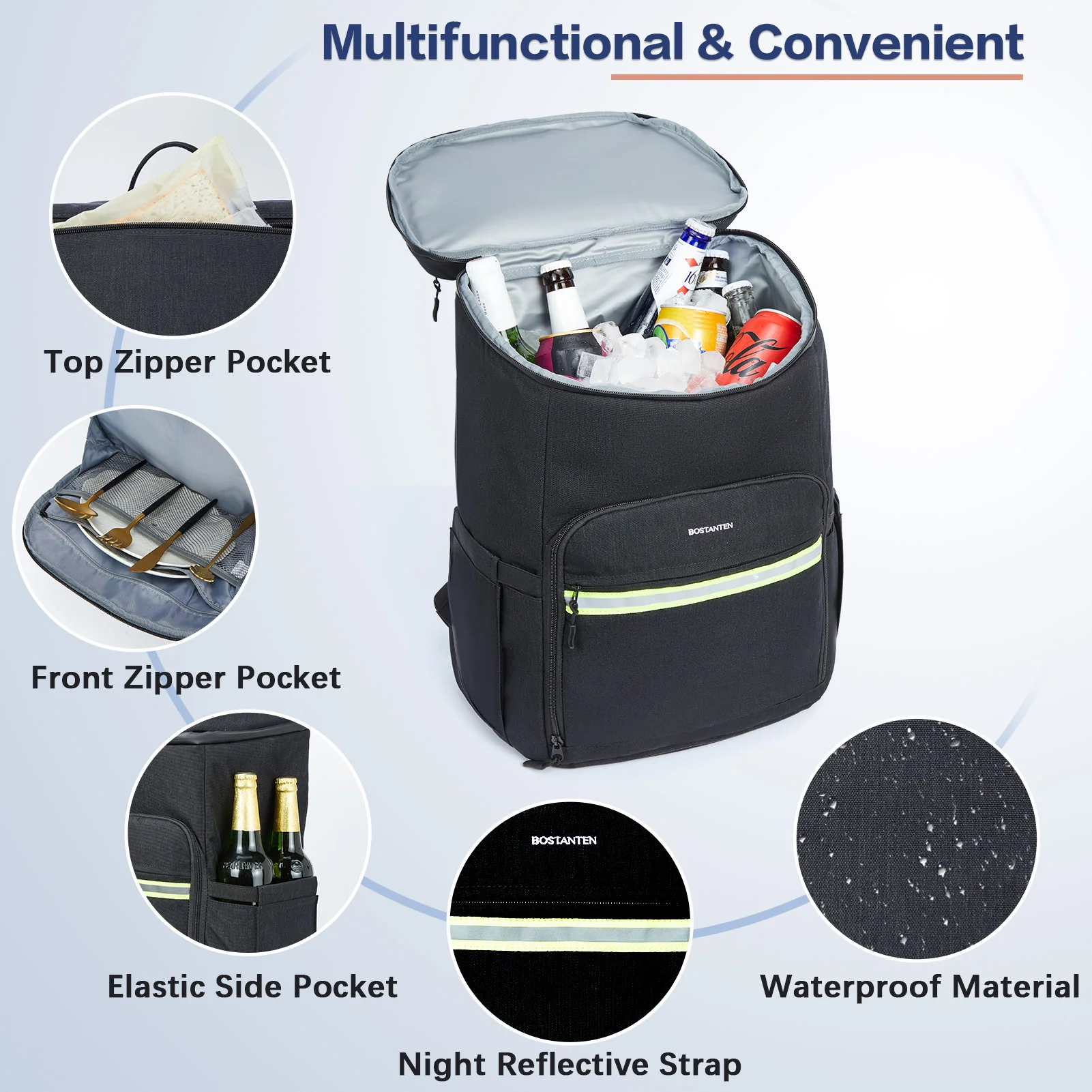 Backpack Cooler - 30 Cans Leakproof Insulated Cooler Backpack with Trolley Sleeve, Lightweight Soft Cooler Bag - Image 3
