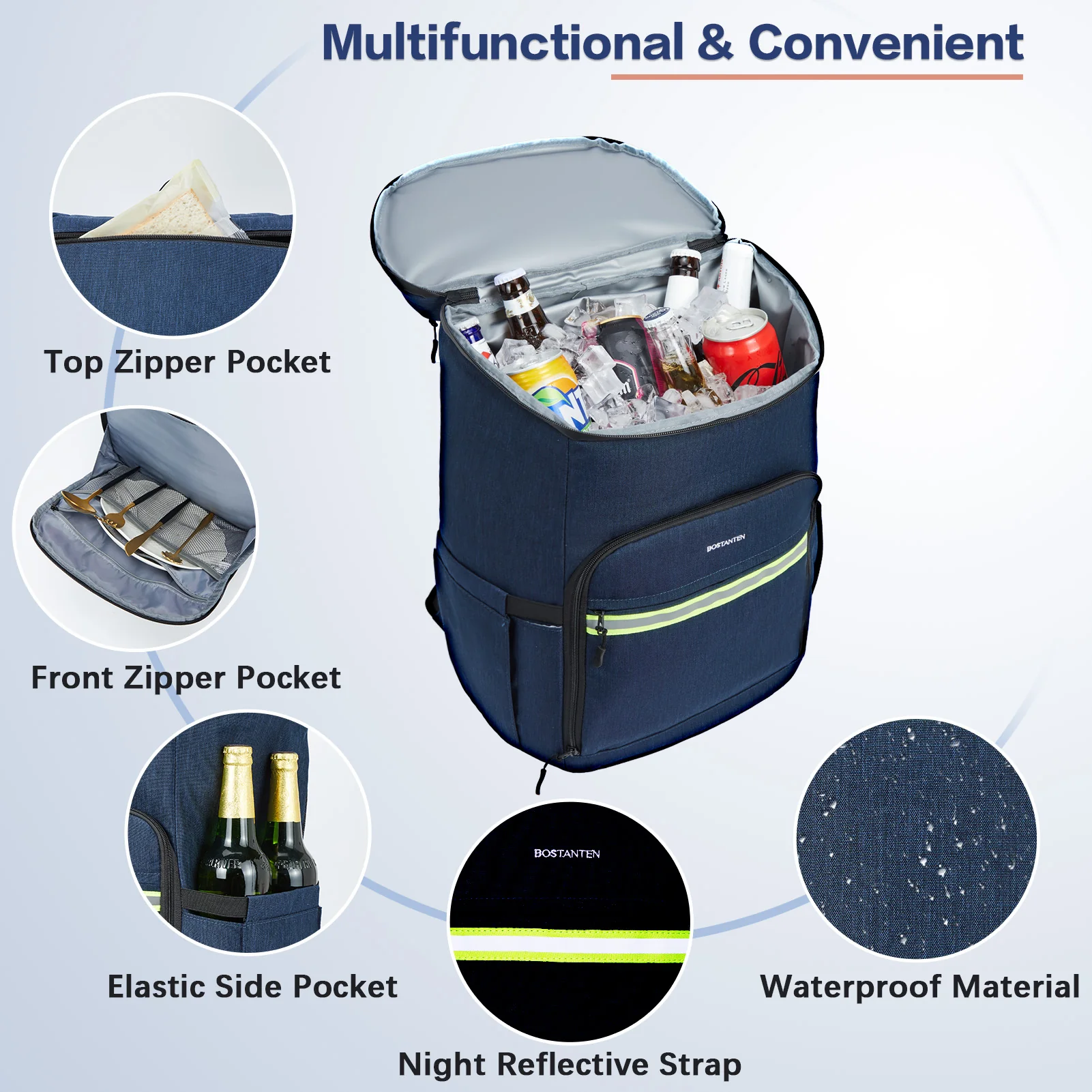 Backpack Cooler - 30 Cans Leakproof Insulated Cooler Backpack with Trolley Sleeve, Lightweight Soft Cooler Bag - Image 8