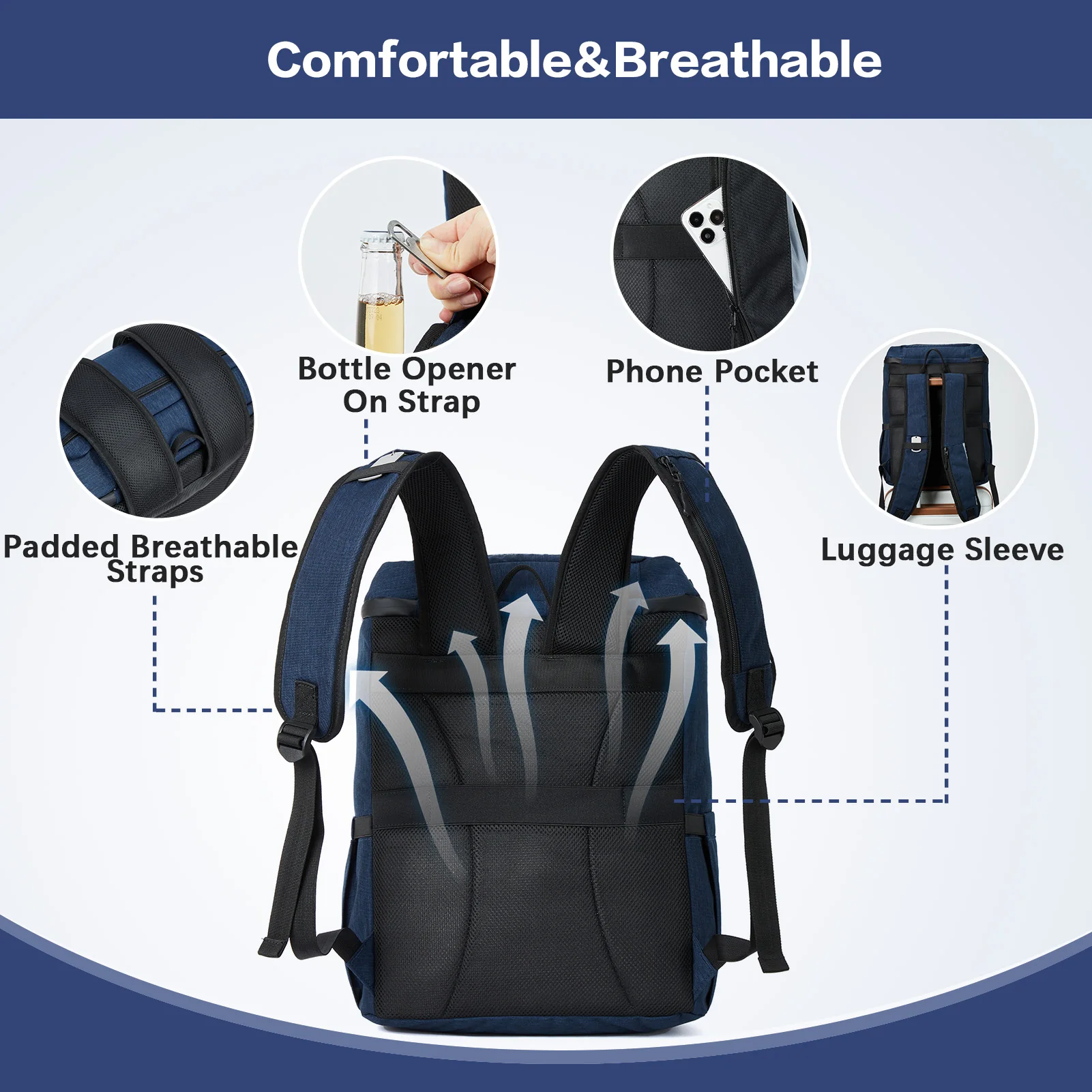 Backpack Cooler - 30 Cans Leakproof Insulated Cooler Backpack with Trolley Sleeve, Lightweight Soft Cooler Bag - Image 9
