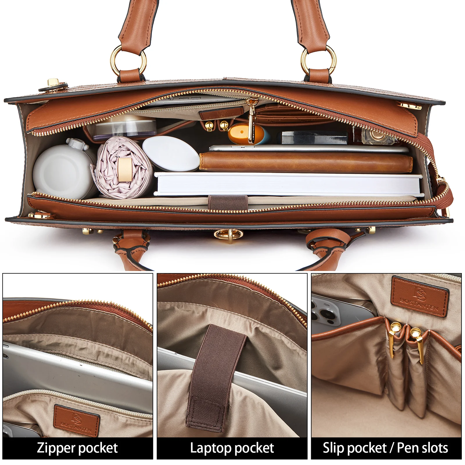 BOSTANTEN Briefcase for Women 15.6 inch Leather Laptop Bag Vintage Slim Lawyer Business Bag Stylish Work Purse - Image 3