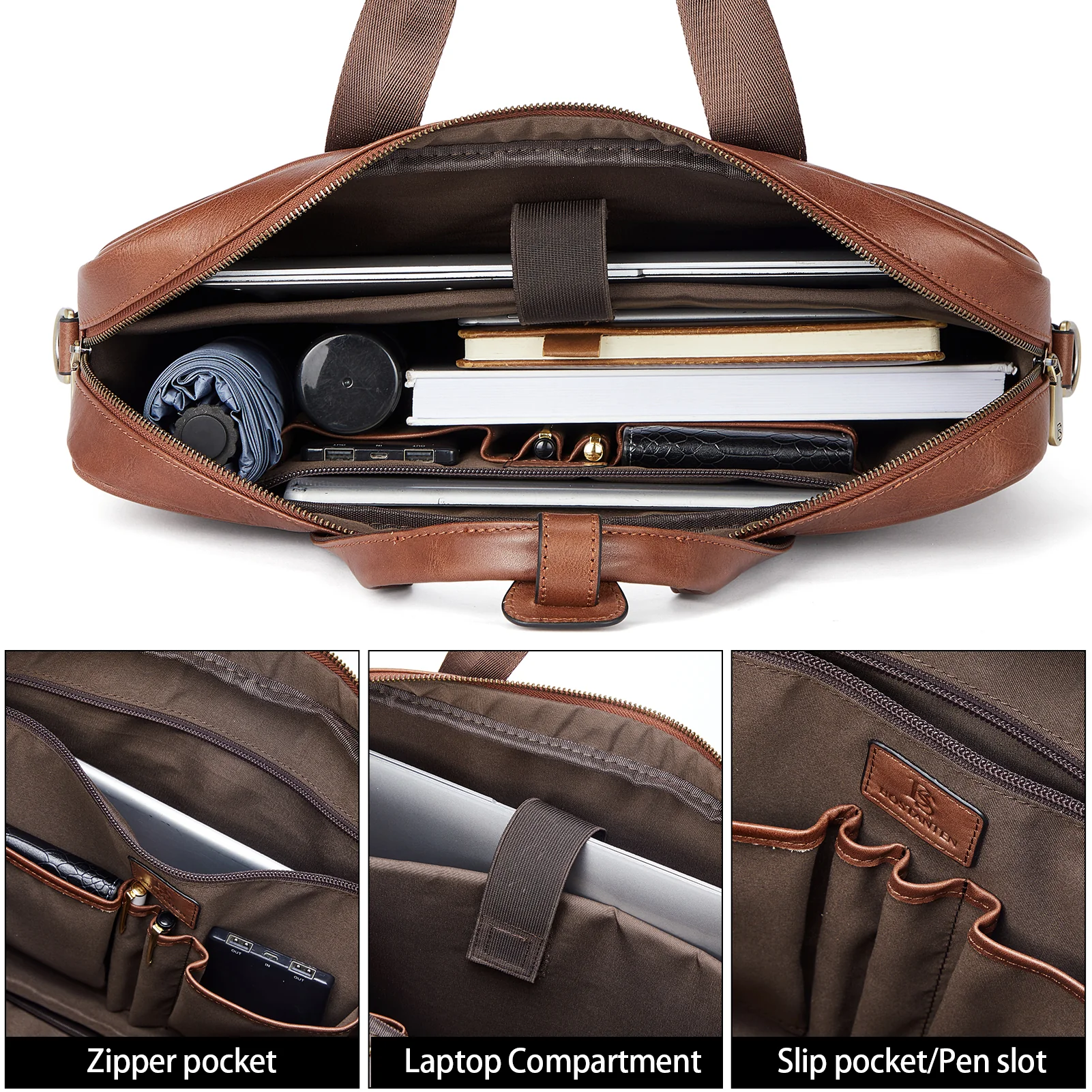 Soft Leather Briefcase with Shoulder Strap for 15.6 inch Laptop - Perfect for Men - Image 4