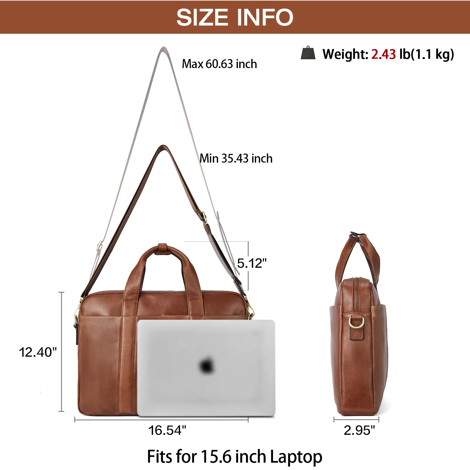 Soft Leather Briefcase with Shoulder Strap for 15.6 inch Laptop - Perfect for Men - Image 5