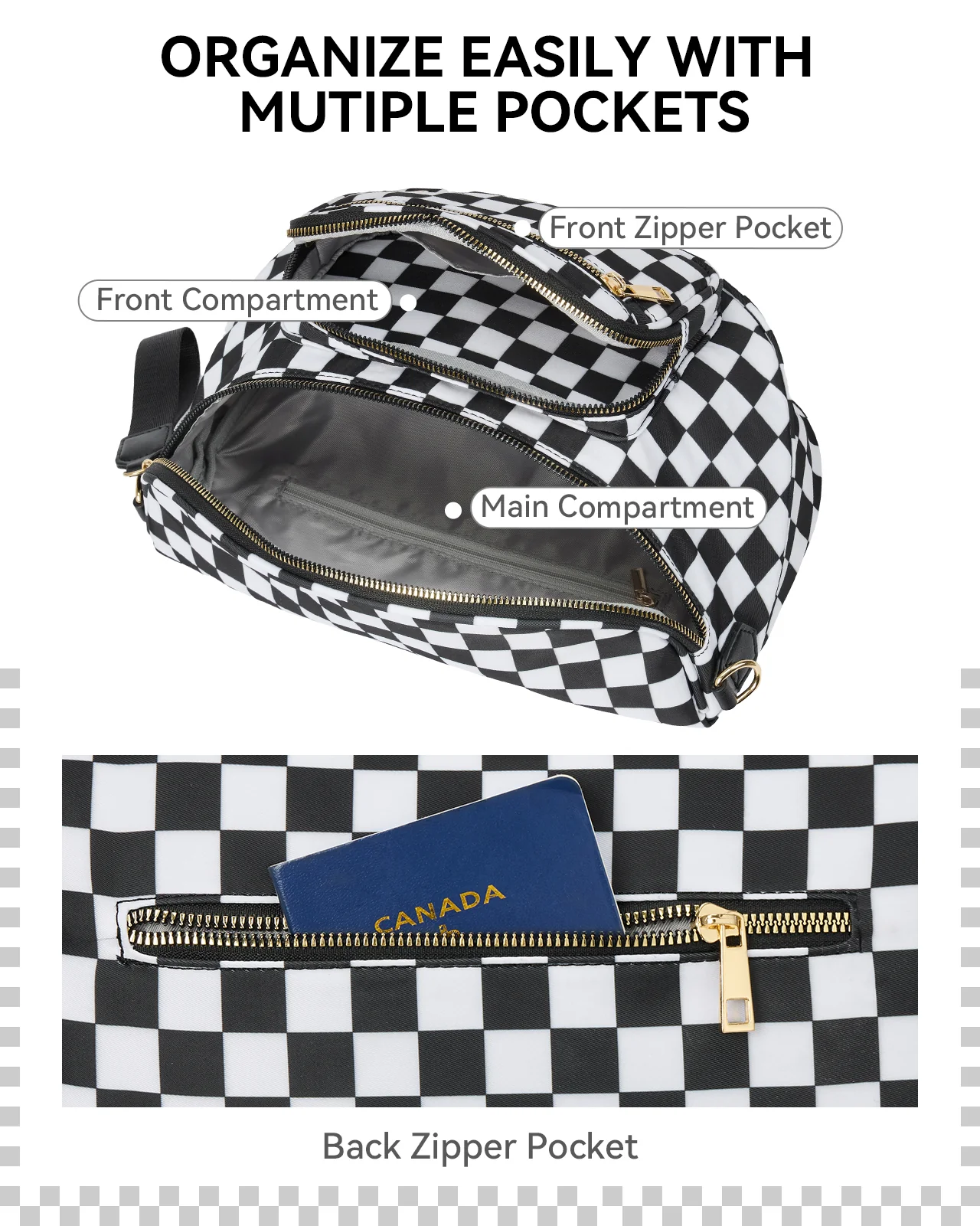 NOVA Checkered Leather Bum & Crossbody Bag – RFID Protected - Image 16