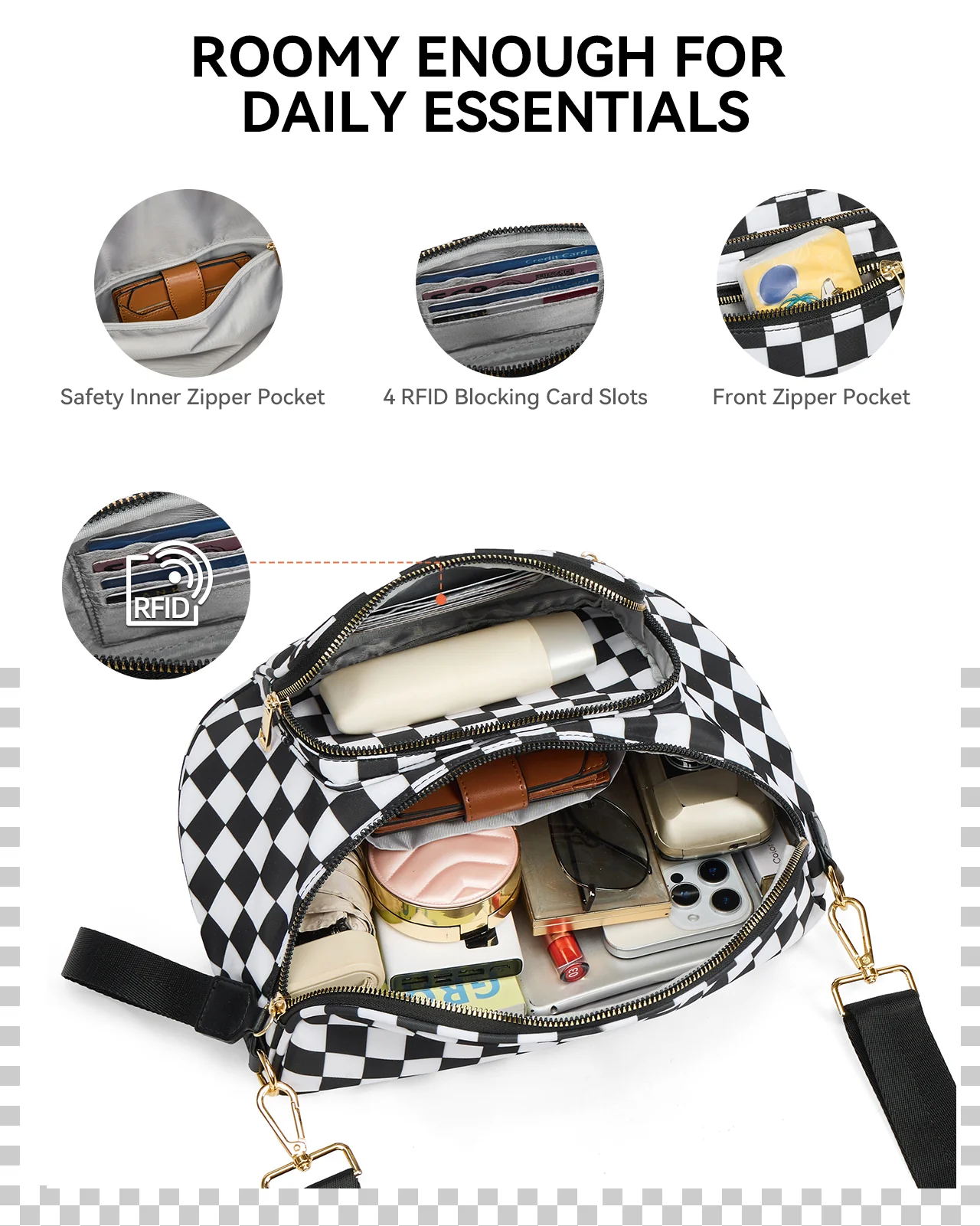 NOVA Checkered Leather Bum & Crossbody Bag – RFID Protected - Image 17