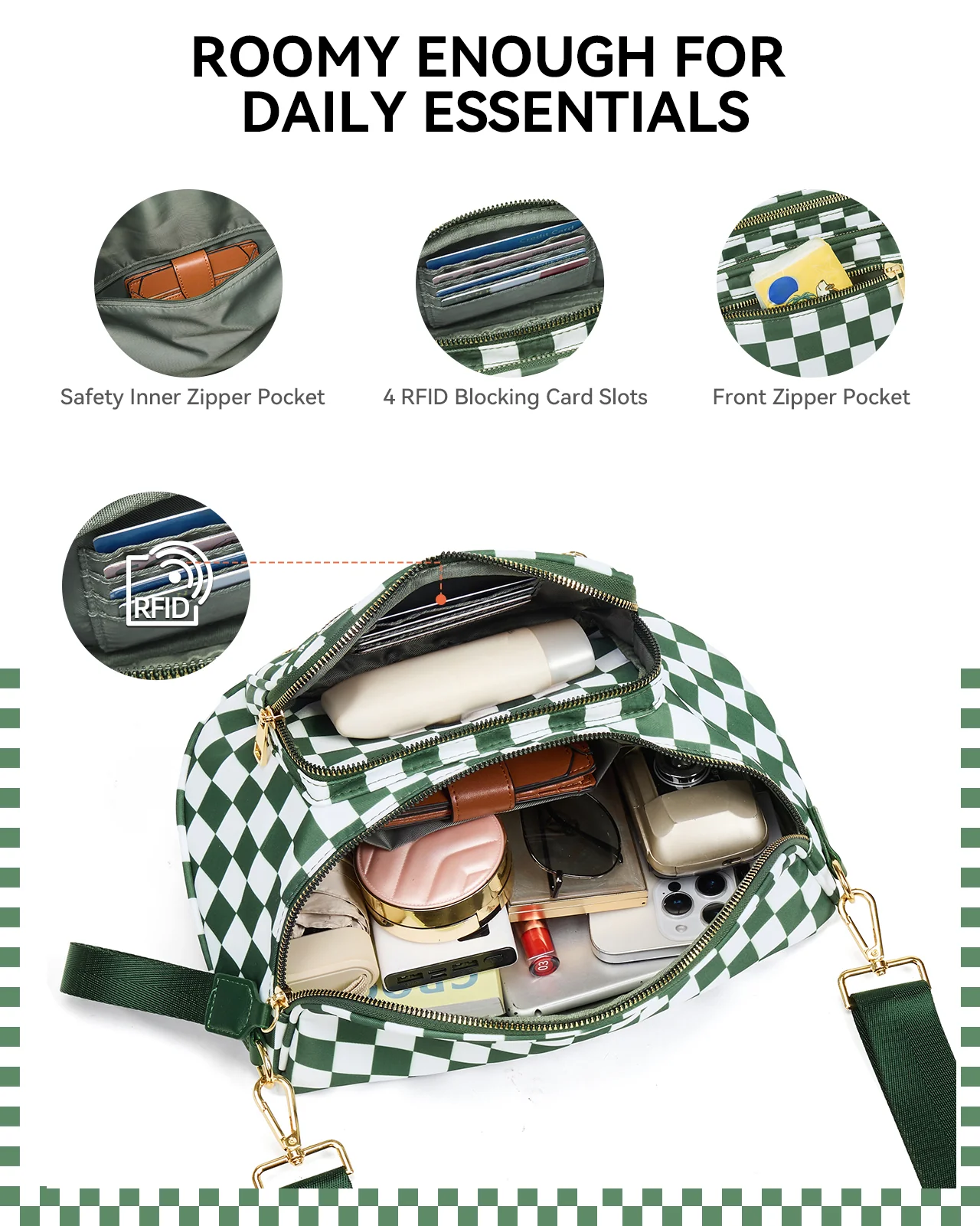 NOVA Checkered Leather Bum & Crossbody Bag – RFID Protected - Image 6
