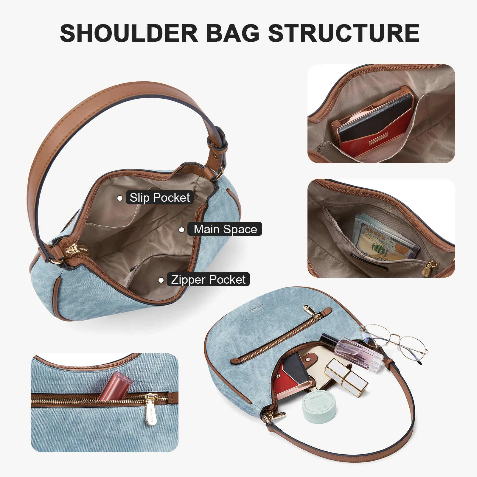 Kweli Crescent Shoulder Bag with Zip Pocket - Image 18
