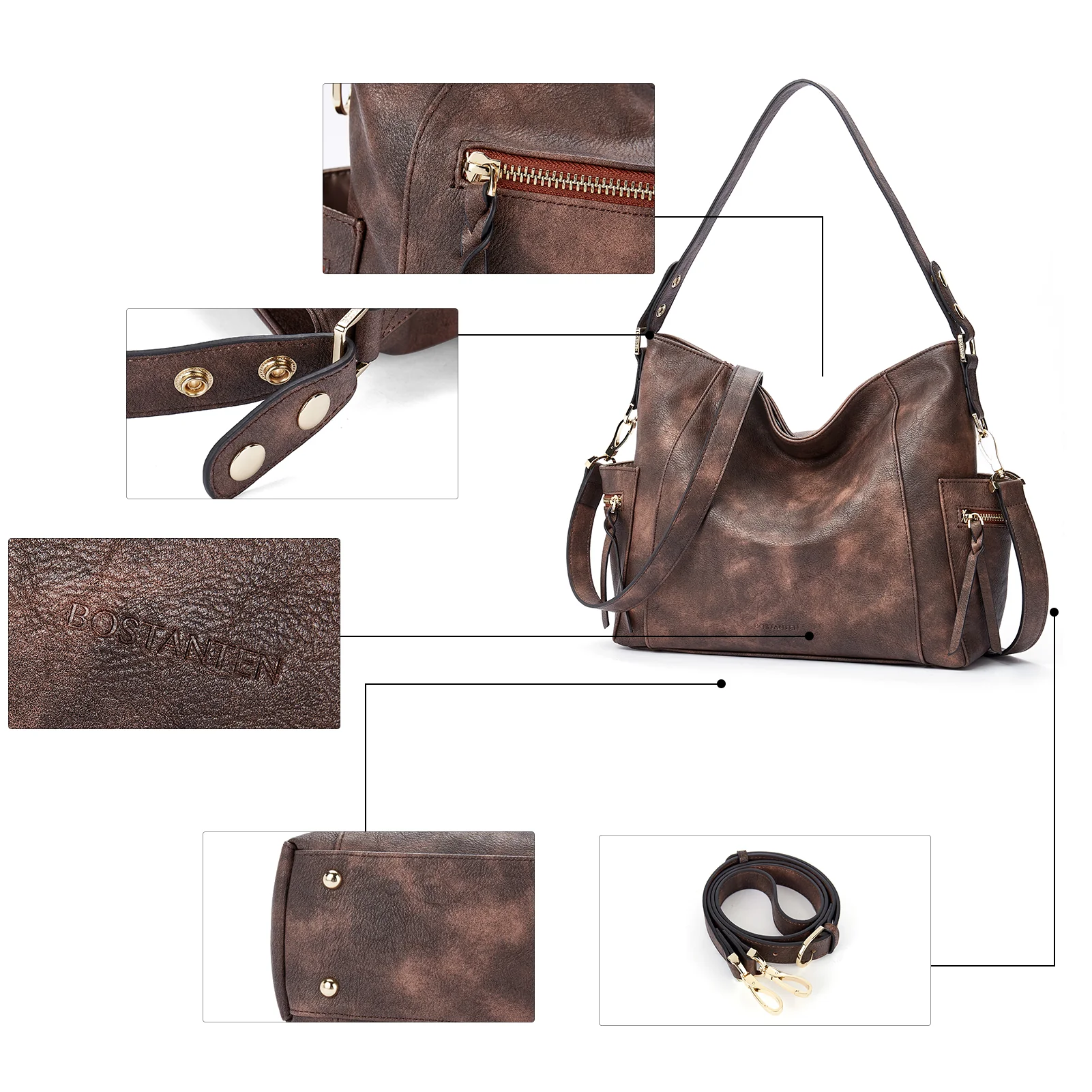 BOSTANTEN Genuine Leather Hobo Handbags Designer Shoulder Tote Purses Crossbody Large Bag for Women - Image 3