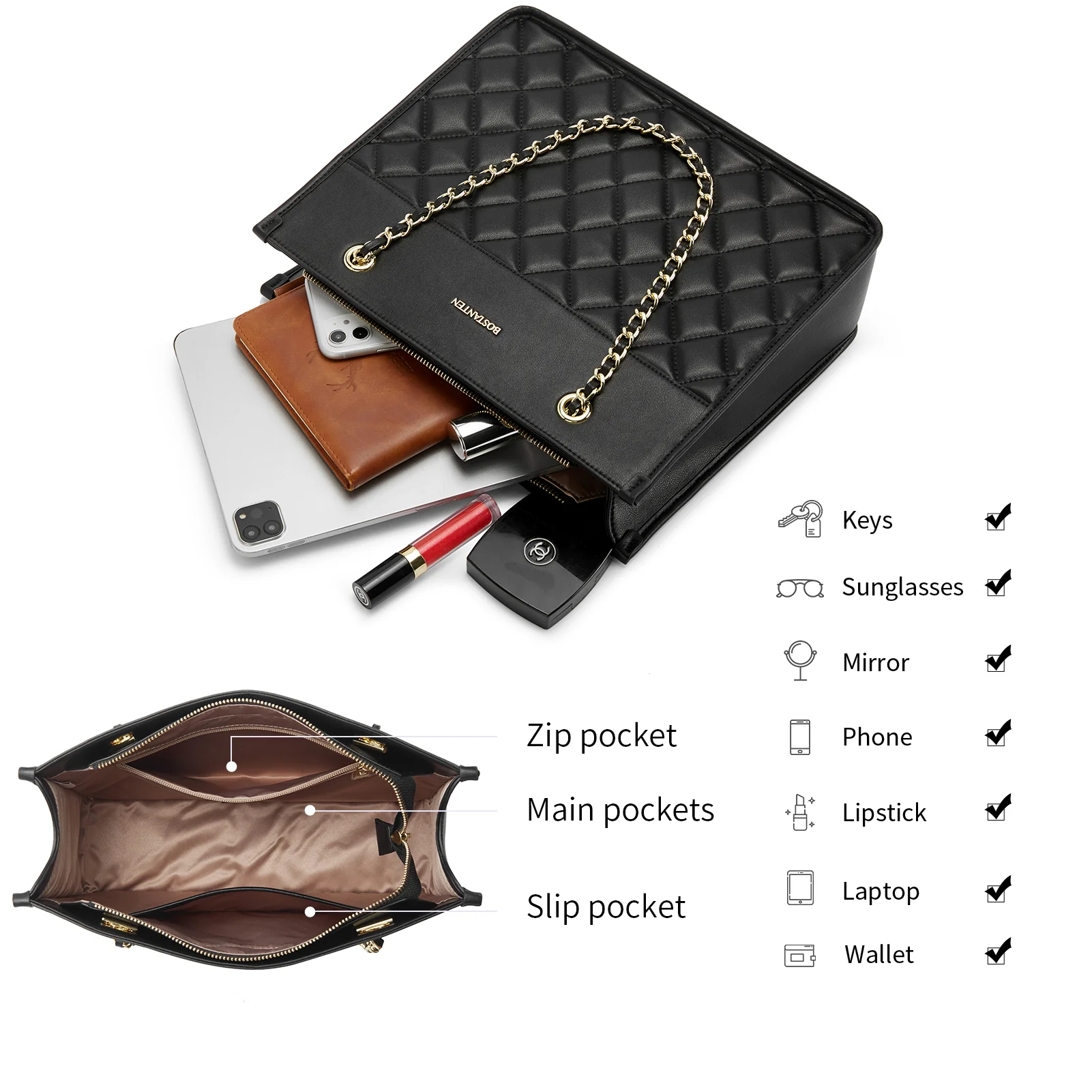BOSTANTEN Handbags for Women Designer Leather Purses Quilted Shoulder Tote Bag with Chain Strap - Image 4