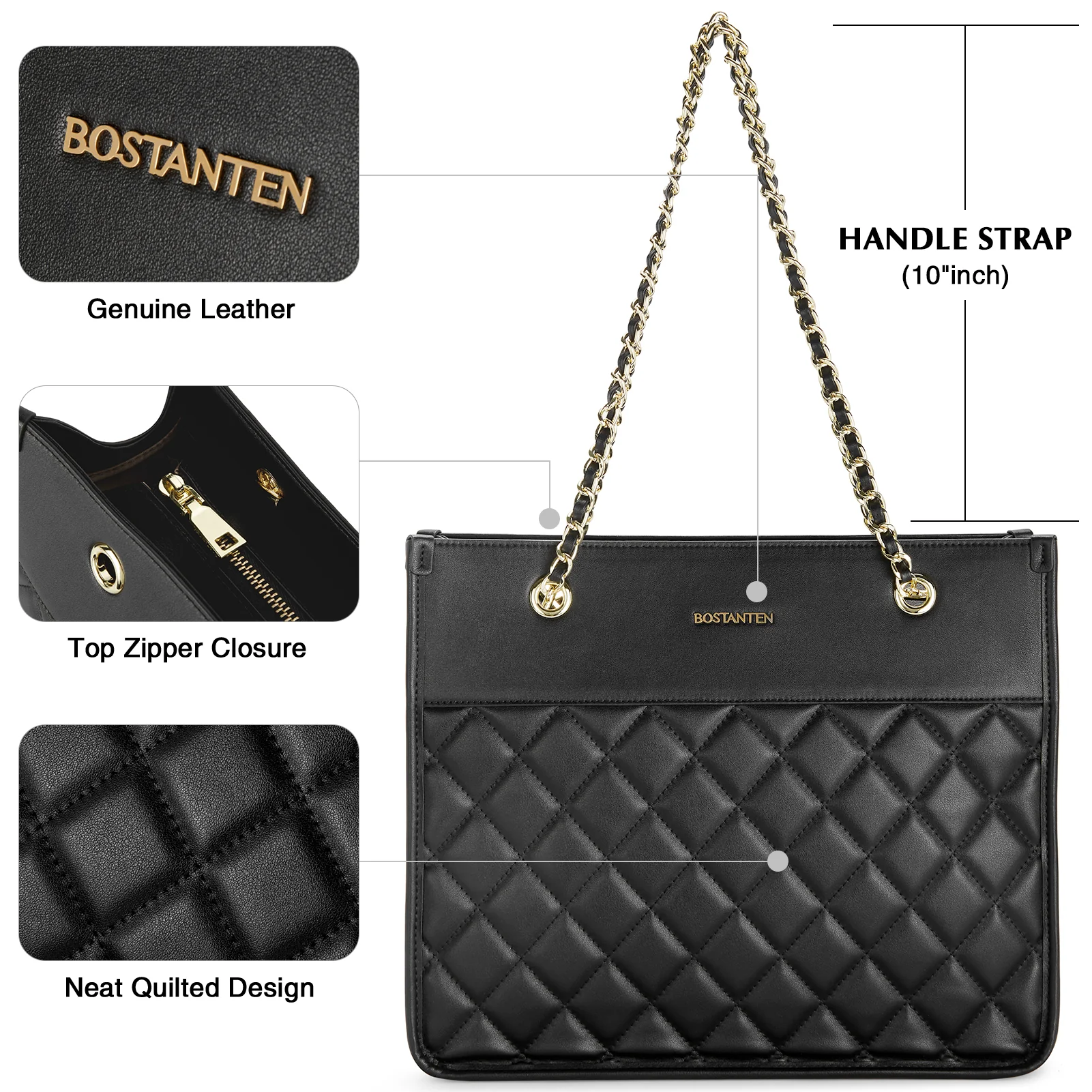 BOSTANTEN Handbags for Women Designer Leather Purses Quilted Shoulder Tote Bag with Chain Strap - Image 5