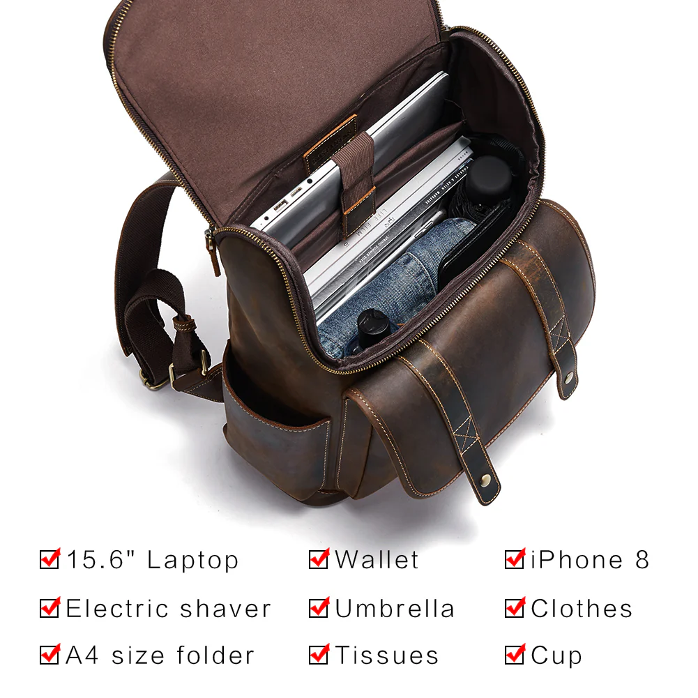 Vintage Laptop Backpack 15.6'' - Handcrafted Crazy Horse Leather - Image 4