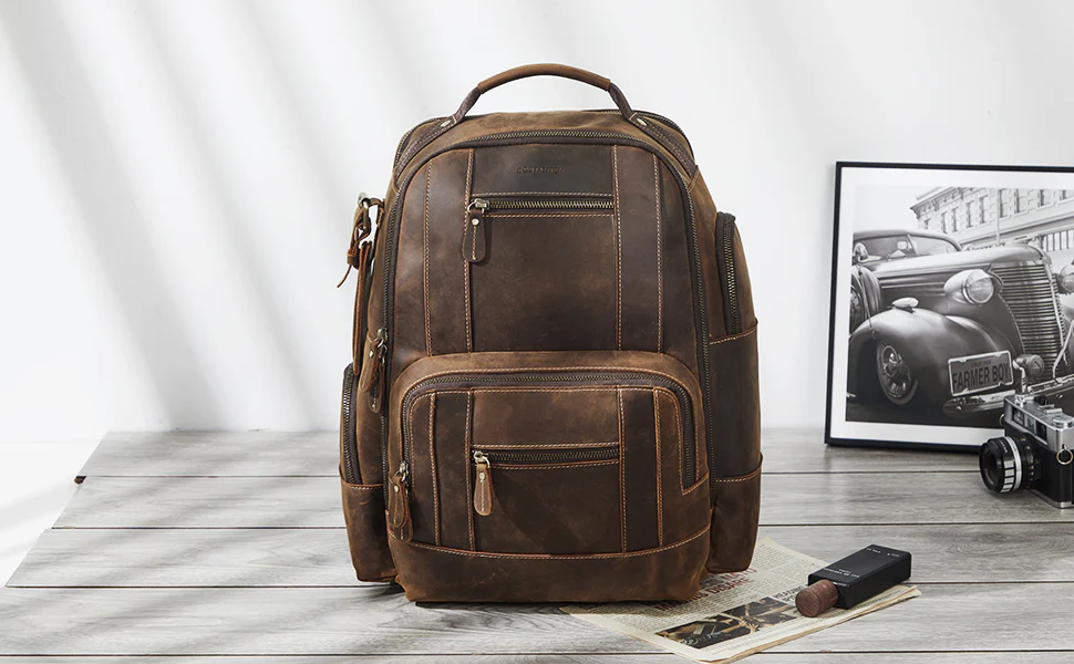BOSTANTEN Leather Backpack for Men, 15.6 inch Laptop Backpack Large Capacity Business Travel Bag Vintage Shoulder Daypacks - Image 8