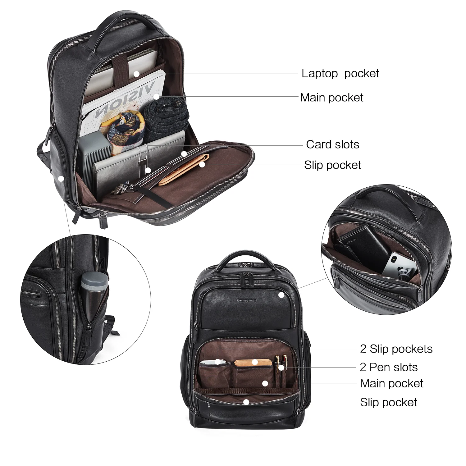 Premium Black Leather 15.6inch Laptop Backpack for Men - Image 3