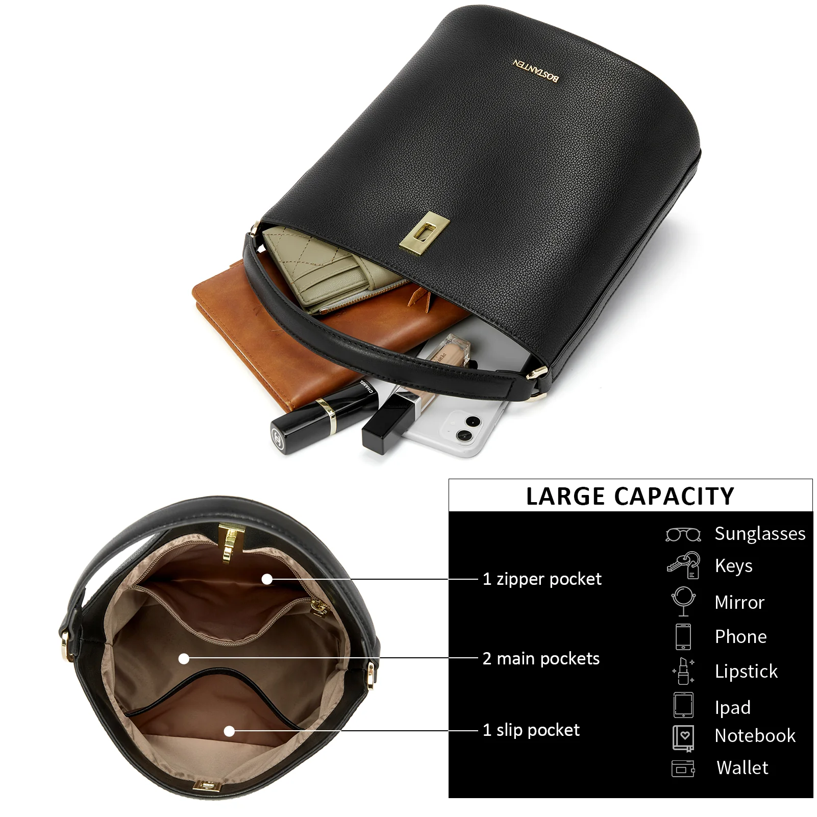 BOSTANTEN Leather Handbags for Women Designer Hobo Bucket Purses Fashion Ladies Crossbody Bags for Work Travel Daily - Image 2