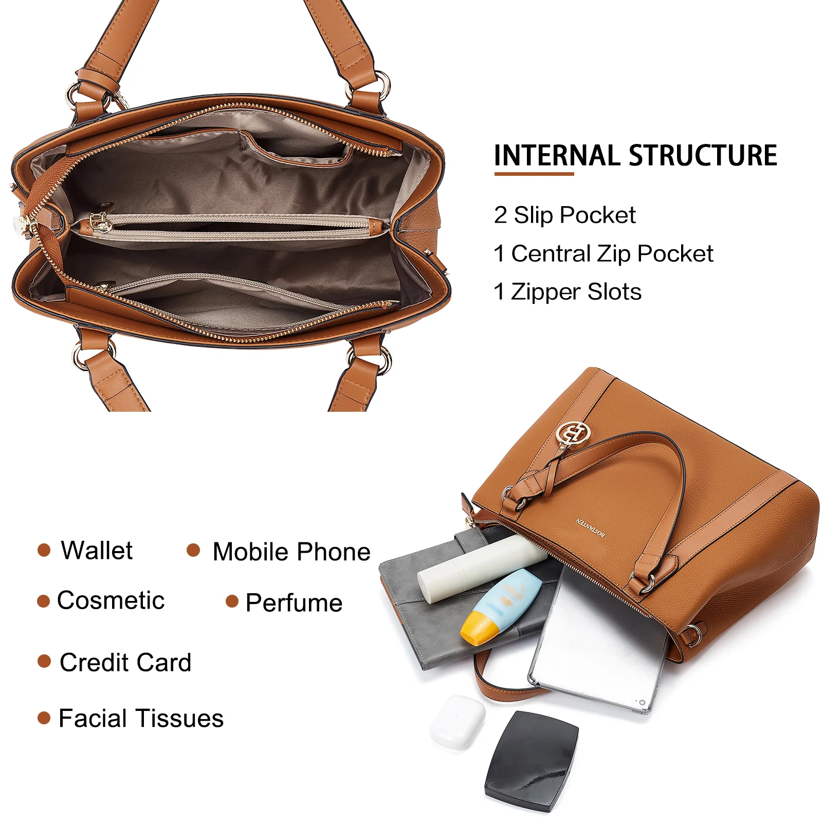 BOSTANTEN Leather Handbags for Women Designer Satchel Purses Top Handle Shoulder Crossbody Bag with Triple Compartment - Image 6