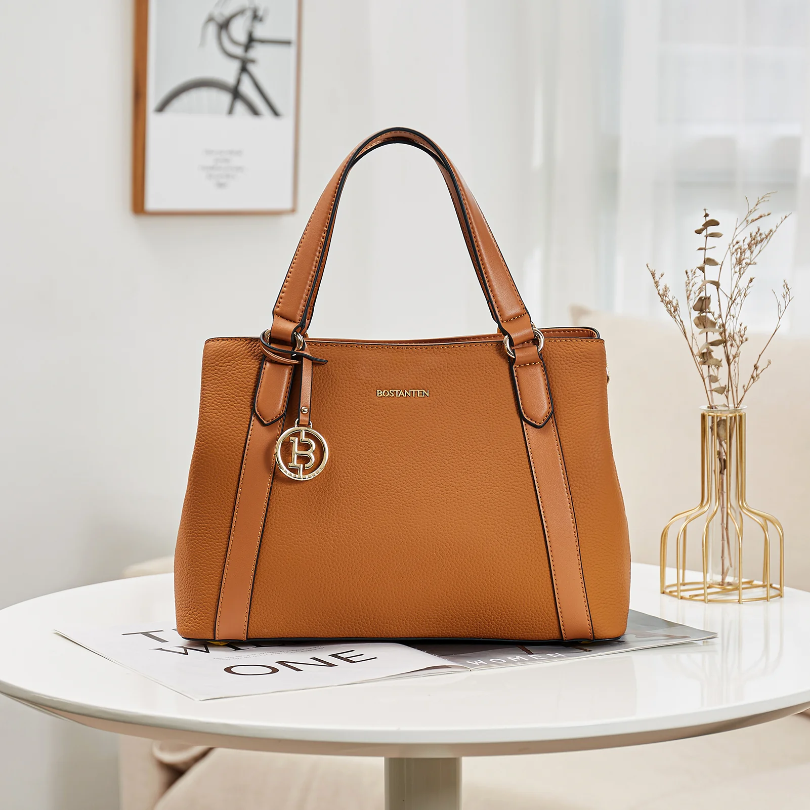 BOSTANTEN Leather Handbags for Women Designer Satchel Purses Top Handle Shoulder Crossbody Bag with Triple Compartment - Image 7