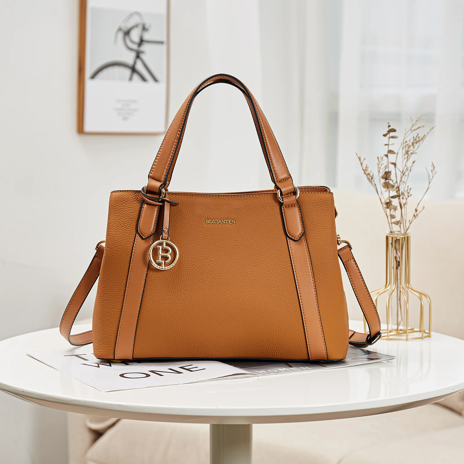BOSTANTEN Leather Handbags for Women Designer Satchel Purses Top Handle Shoulder Crossbody Bag with Triple Compartment - Image 8