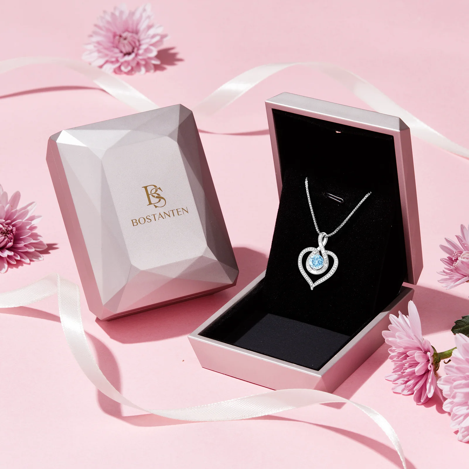 BOSTANTEN Love Heart Pendant Necklaces for Women Silver Rose Gold Tone Crystal Birthstone Birthday Jewelry Gifts for Women, 18"+2" - Image 3