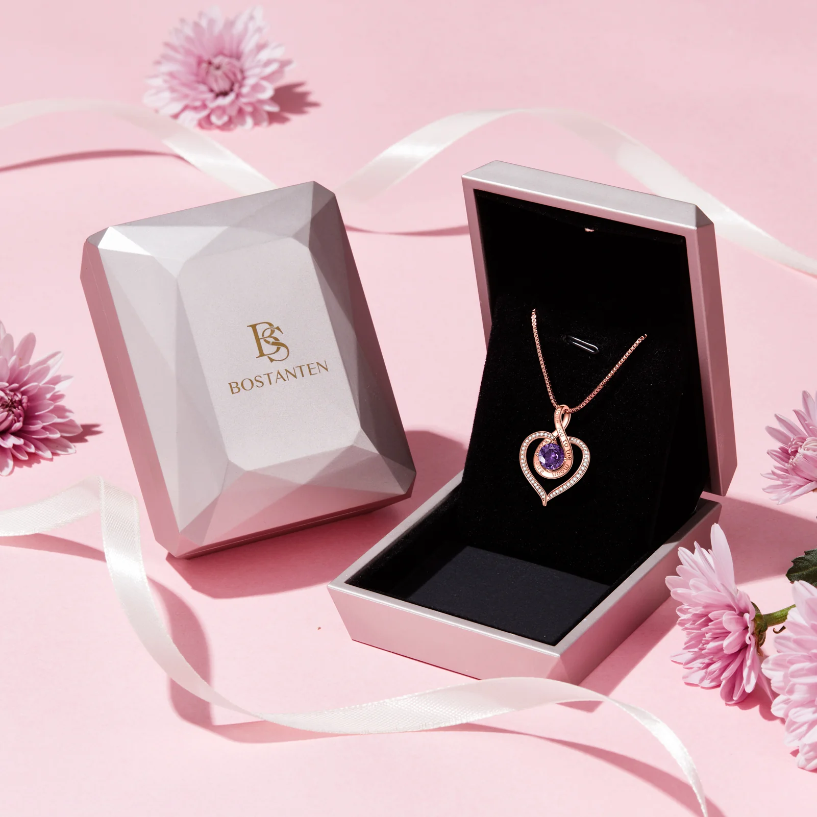 BOSTANTEN Love Heart Pendant Necklaces for Women Silver Rose Gold Tone Crystal Birthstone Birthday Jewelry Gifts for Women, 18"+2" - Image 8