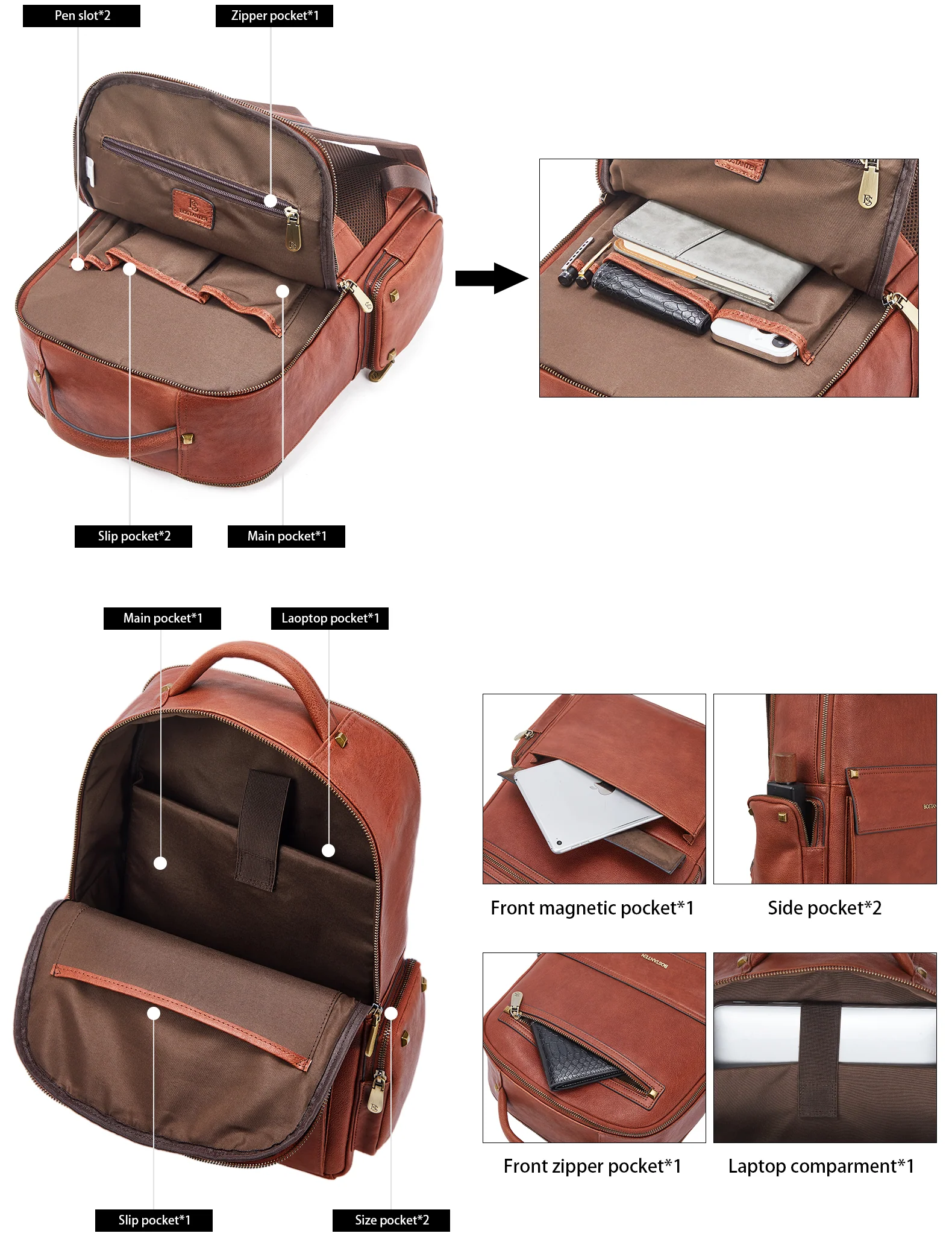 Men‘s Classic Leather Backpack with Multiple Pockets for Work - Image 5