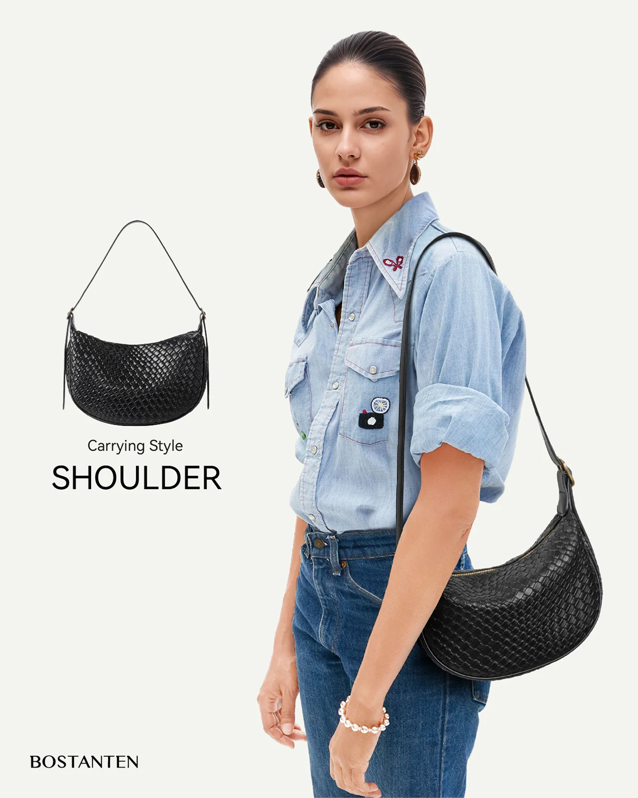 KWELI Woven Leather Half Moon Shoulder Bag - Image 3