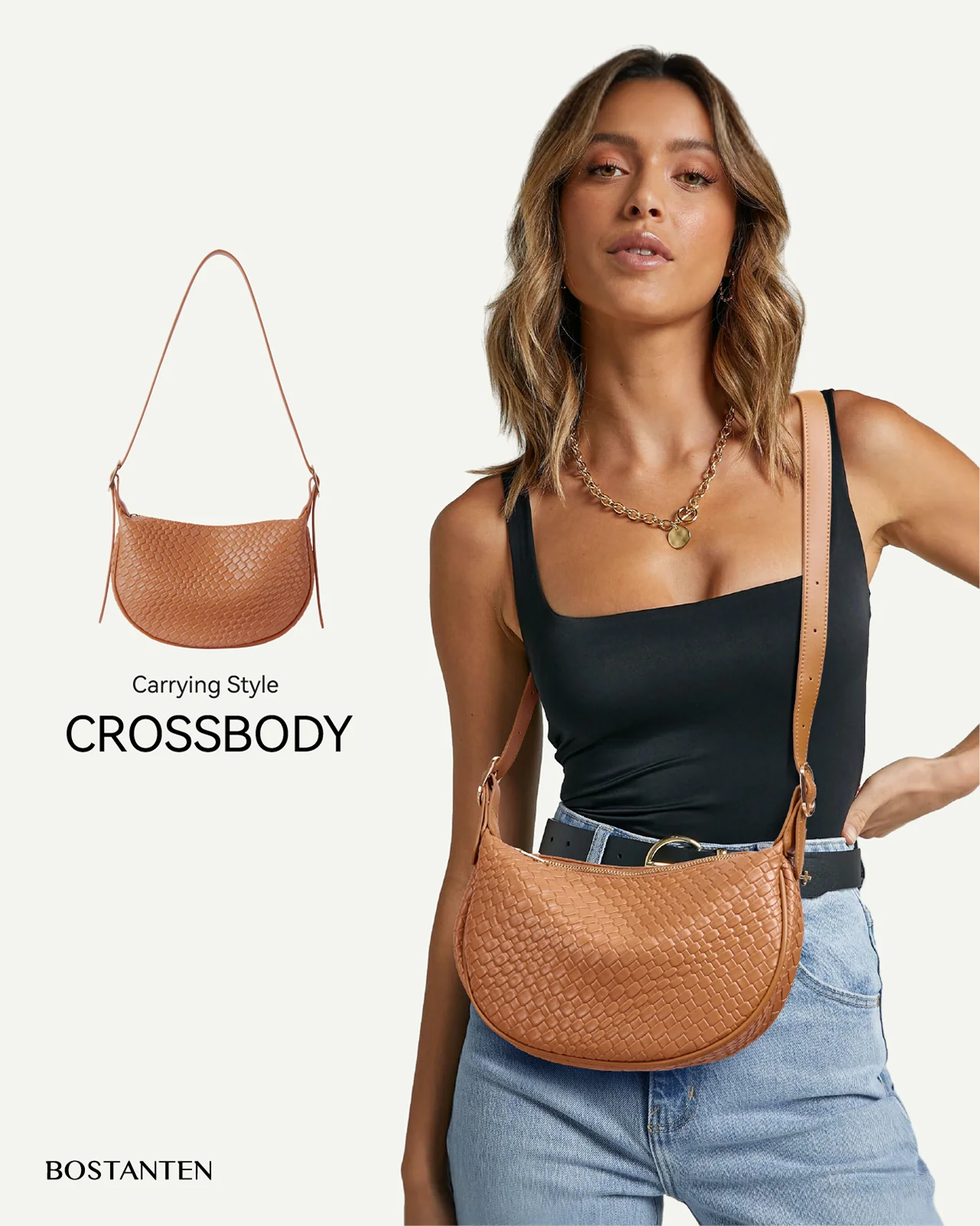 KWELI Woven Leather Half Moon Shoulder Bag - Image 9
