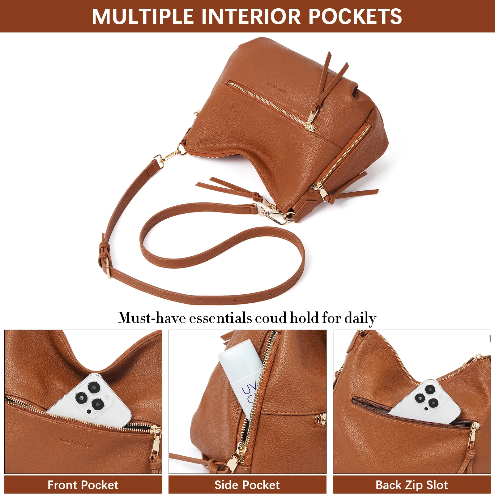 BOSTANTEN Purses for Women Designer Handbags Vegan Leather Hobo Bags Ladies Shoulder Bags Pocketbooks Brown - Image 8
