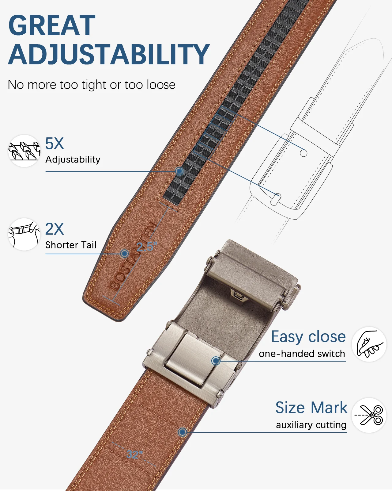 BOSTANTEN Ratchet Leather Belt For Men with Adjustable Buckle, Trim to Fit — All Brown - Image 6