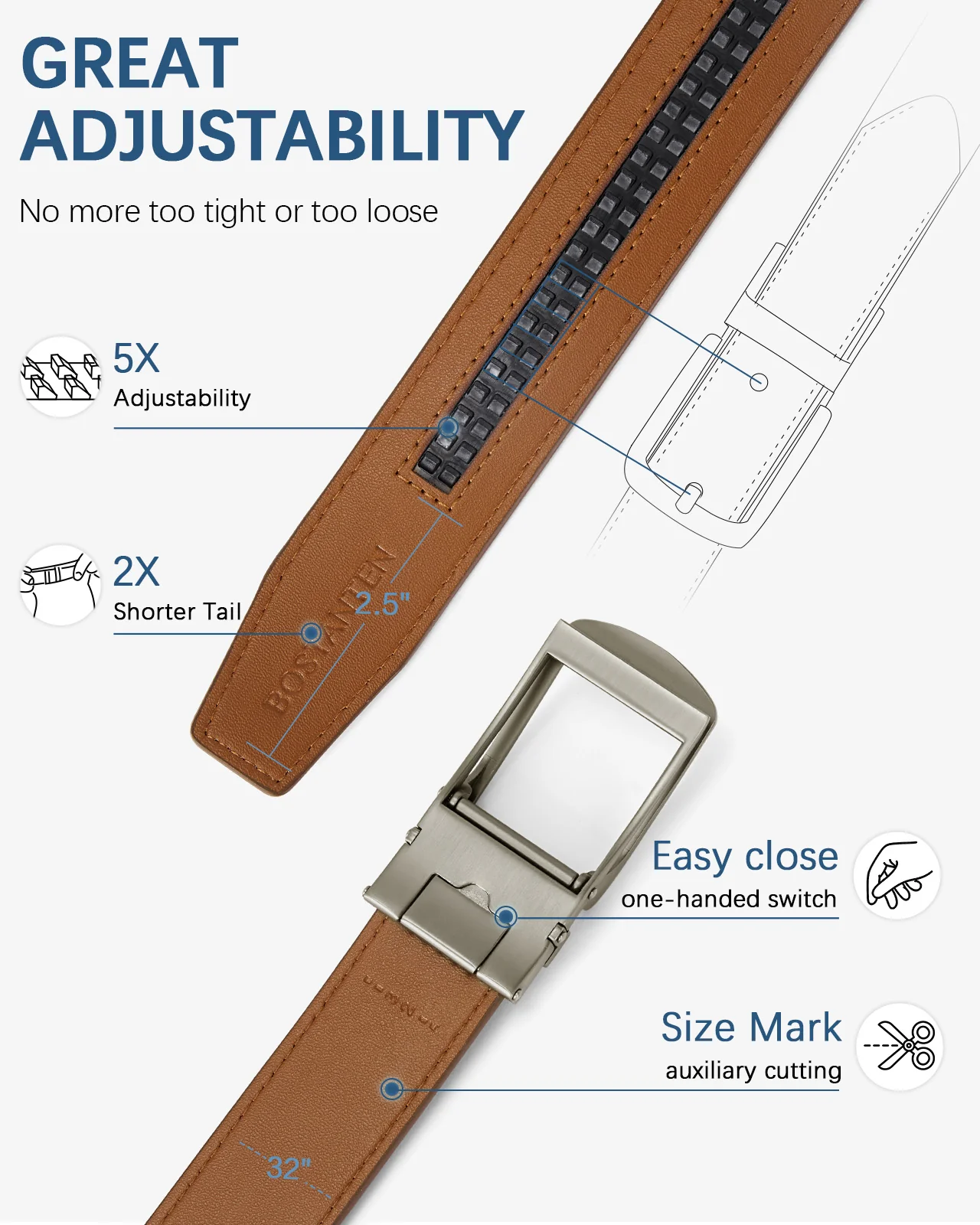 BOSTANTEN Ratchet Leather Belt For Men with Adjustable Buckle, Trim to Fit —Skeleton - Image 28