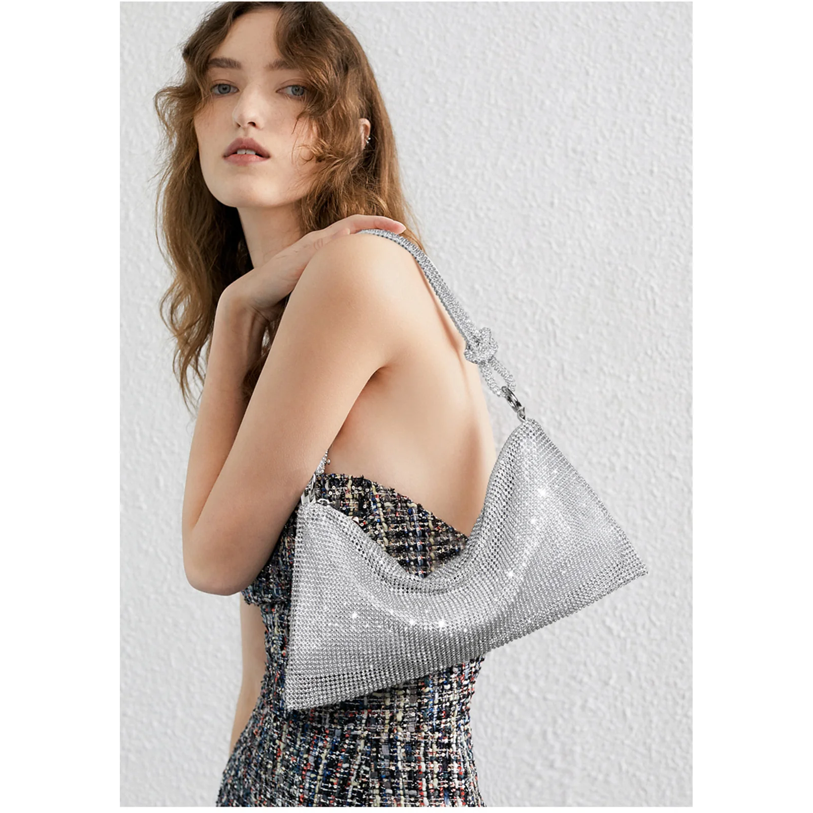BOSTANTEN Rhinestone Purse Sparkly Bag Silver Diamond Purses for Women Upgrade Evening Prom Rhinestone Handbag Hobo Bag - Image 2