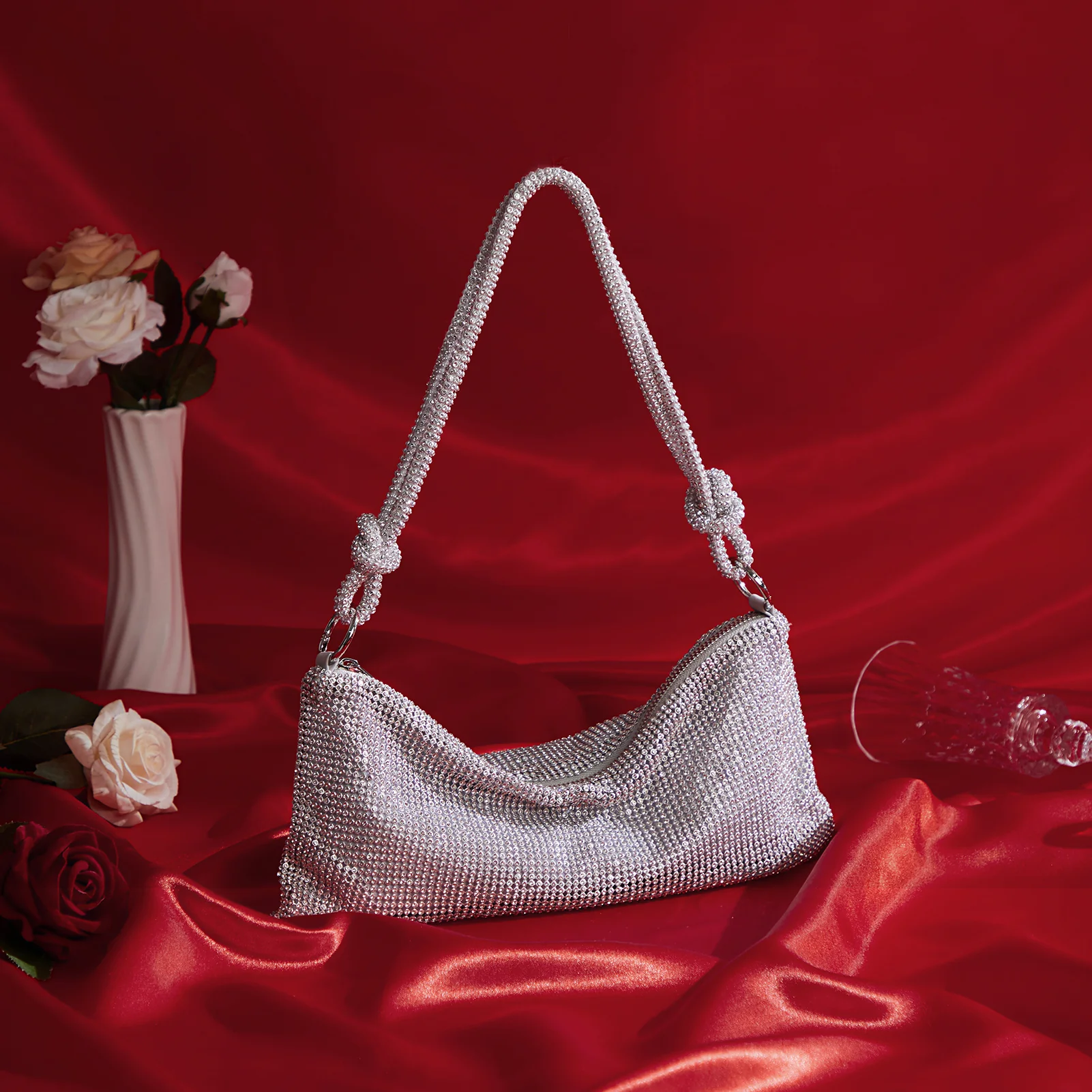 BOSTANTEN Rhinestone Purse Sparkly Bag Silver Diamond Purses for Women Upgrade Evening Prom Rhinestone Handbag Hobo Bag - Image 3