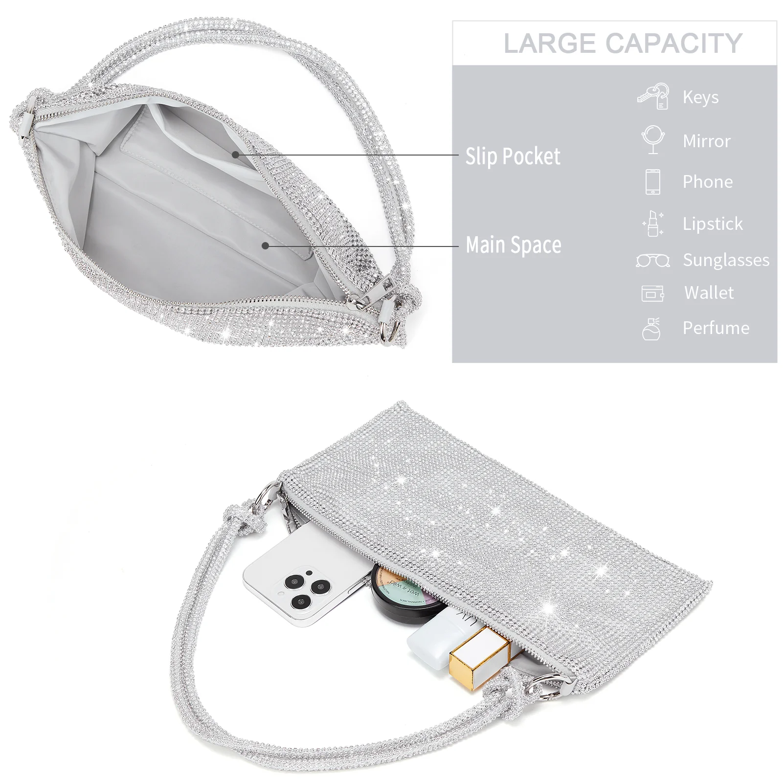 BOSTANTEN Rhinestone Purse Sparkly Bag Silver Diamond Purses for Women Upgrade Evening Prom Rhinestone Handbag Hobo Bag - Image 5