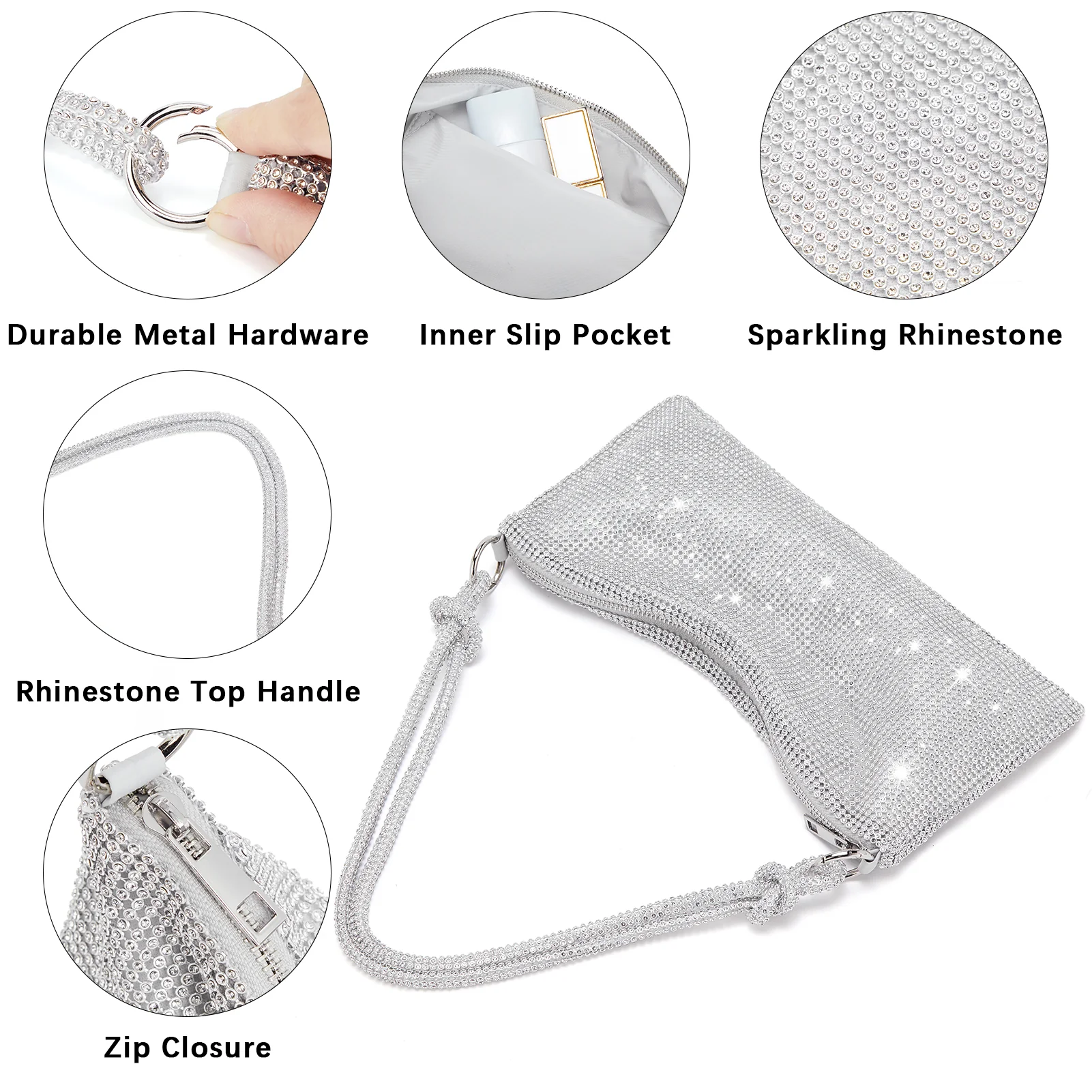 BOSTANTEN Rhinestone Purse Sparkly Bag Silver Diamond Purses for Women Upgrade Evening Prom Rhinestone Handbag Hobo Bag - Image 6