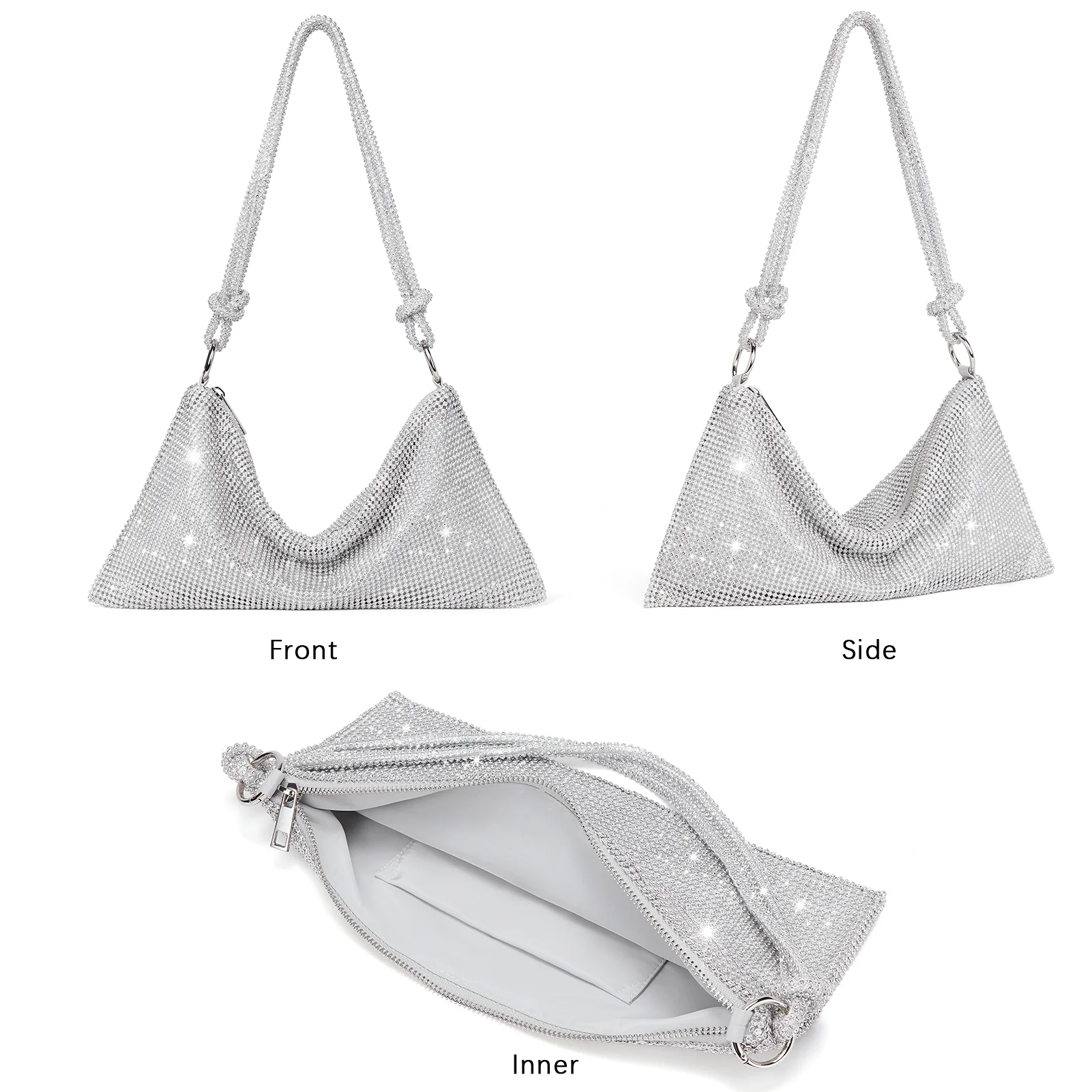 BOSTANTEN Rhinestone Purse Sparkly Bag Silver Diamond Purses for Women Upgrade Evening Prom Rhinestone Handbag Hobo Bag - Image 7