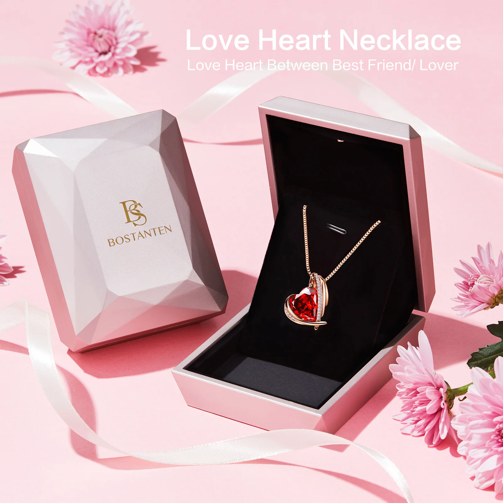 BOSTANTEN Rose Gold Plated Pendant Necklace with Birthstone Love Heart Crystal Jewelry Birthday Gifts for Women Mom Wife Girlfriend, 18"+2" - Image 3