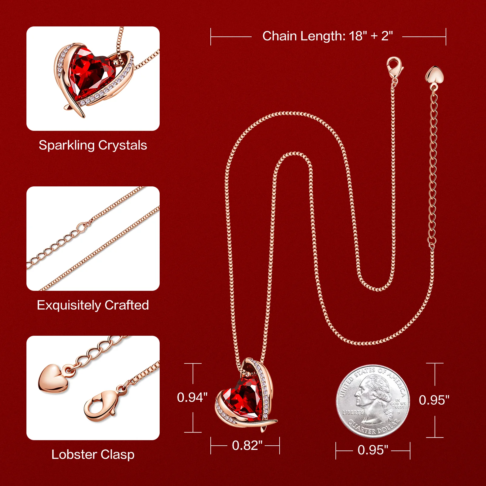 BOSTANTEN Rose Gold Plated Pendant Necklace with Birthstone Love Heart Crystal Jewelry Birthday Gifts for Women Mom Wife Girlfriend, 18"+2" - Image 5