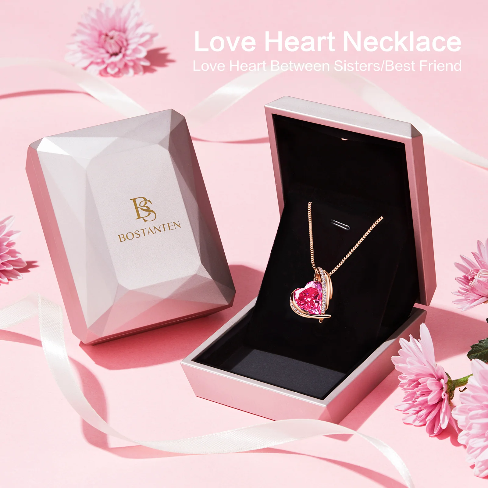 BOSTANTEN Rose Gold Plated Pendant Necklace with Birthstone Love Heart Crystal Jewelry Birthday Gifts for Women Mom Wife Girlfriend, 18"+2" - Image 9