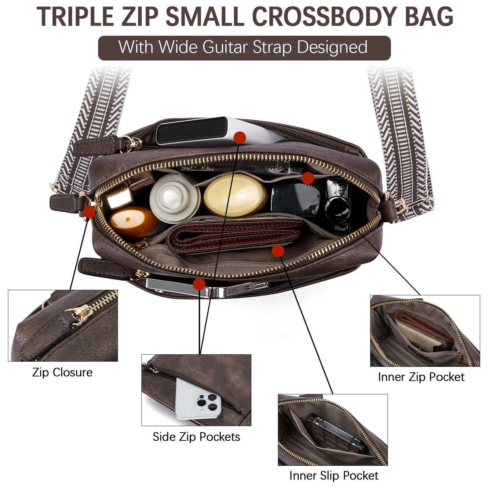 Nola Keep Your Essentials Organized with a Triple Zip Cell Phone Leather Handbag - Image 23