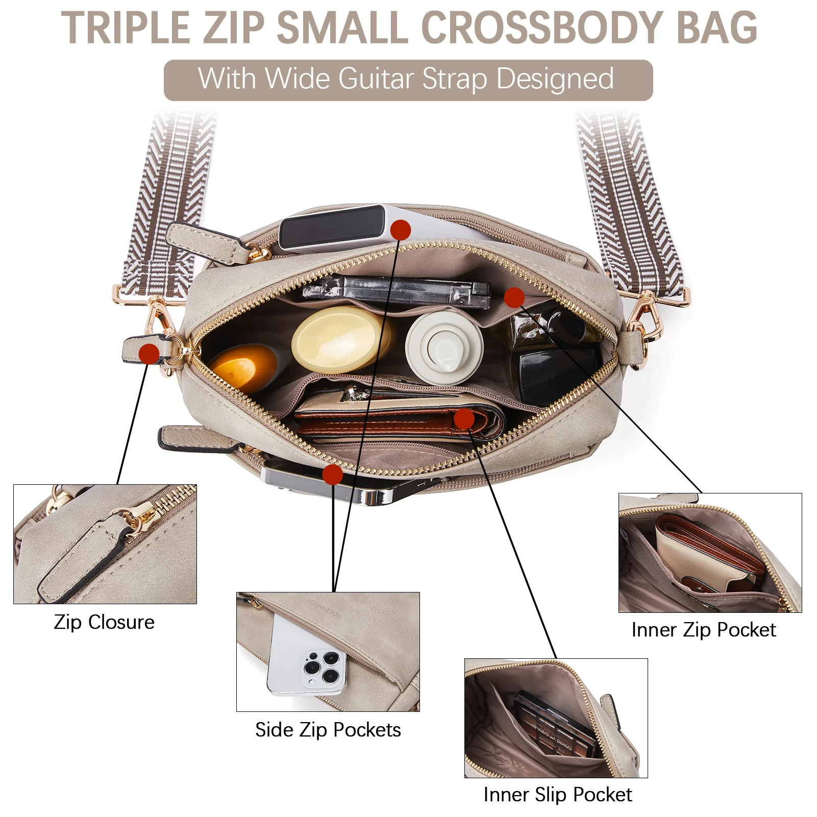 Nola Keep Your Essentials Organized with a Triple Zip Cell Phone Leather Handbag - Image 32