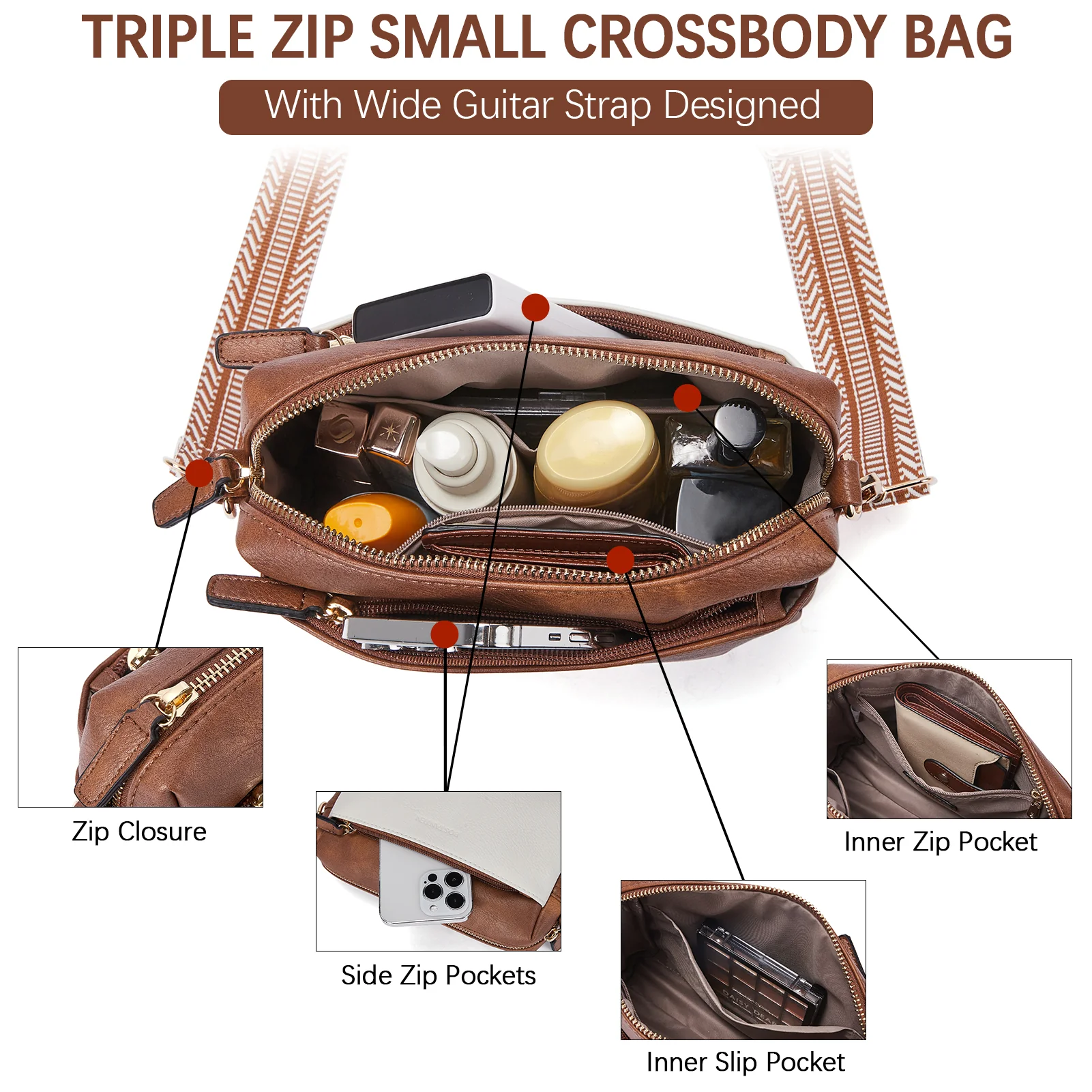 Nola Keep Your Essentials Organized with a Triple Zip Cell Phone Leather Handbag - Image 40