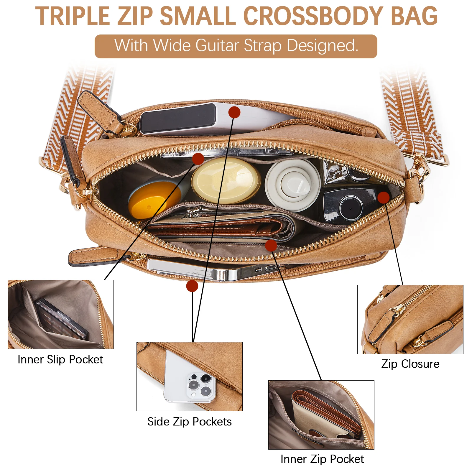 Nola Keep Your Essentials Organized with a Triple Zip Cell Phone Leather Handbag - Image 59