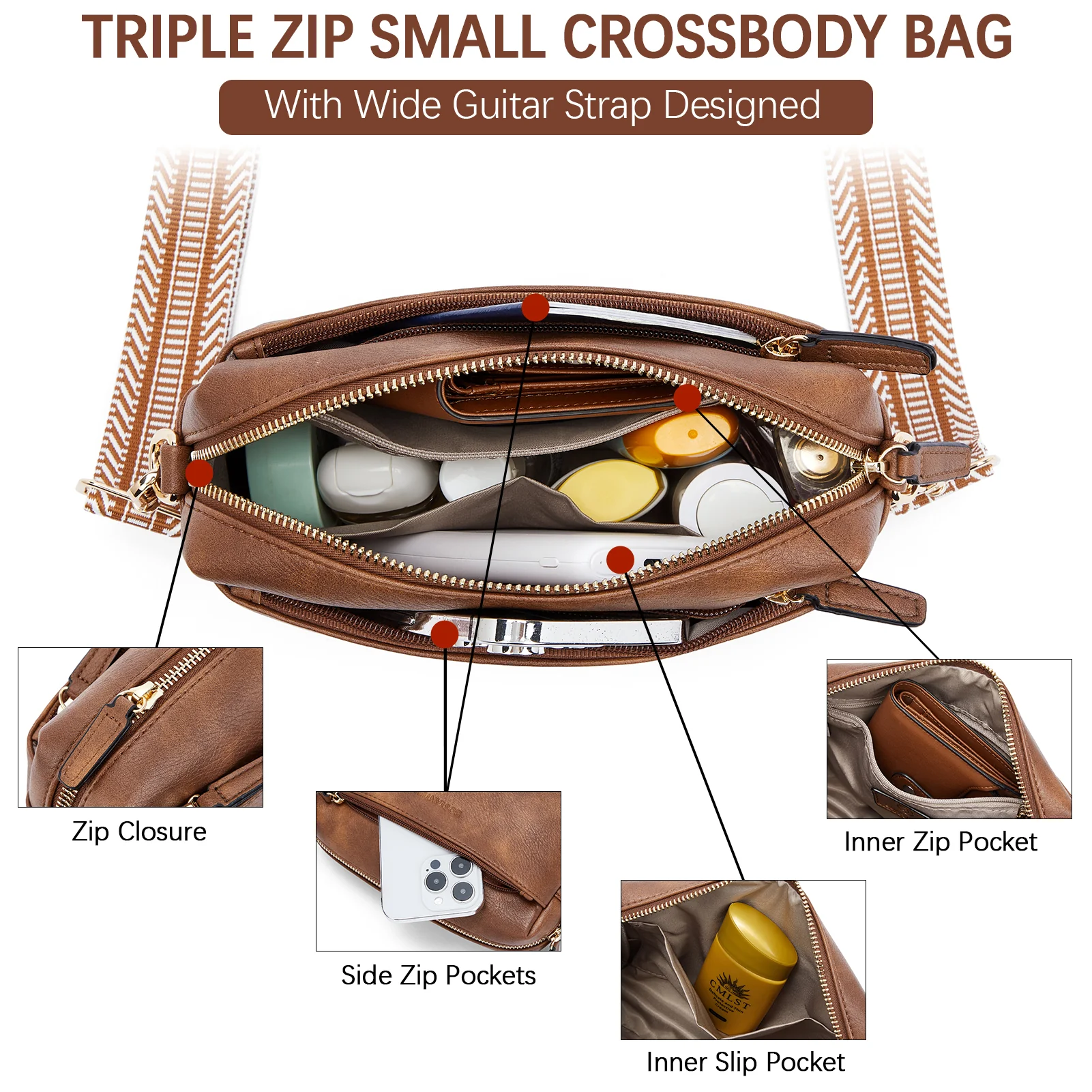 Nola Keep Your Essentials Organized with a Triple Zip Cell Phone Leather Handbag - Image 7