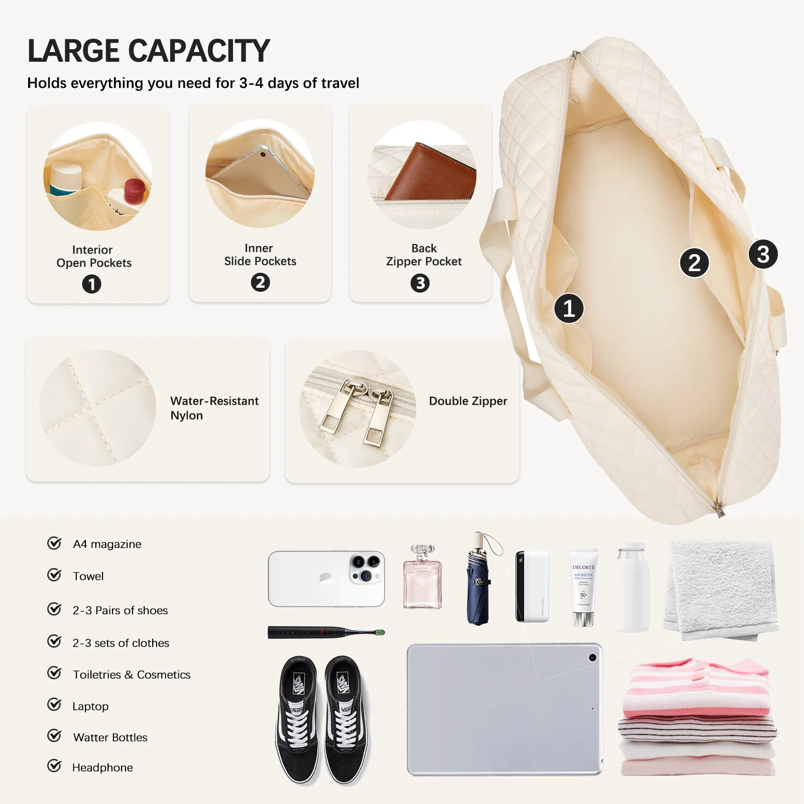 JUDEA Women's Travel Bag with Toiletry Organizer and Shoe Compartment - Image 5