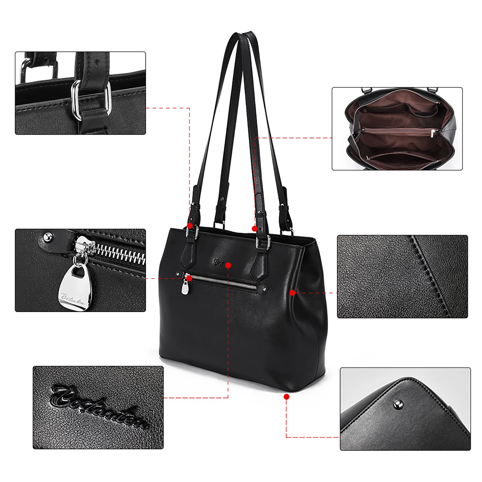 Nevin Structured Leather Shoulder Tote Bag - Front Zipper Pocket - Image 10