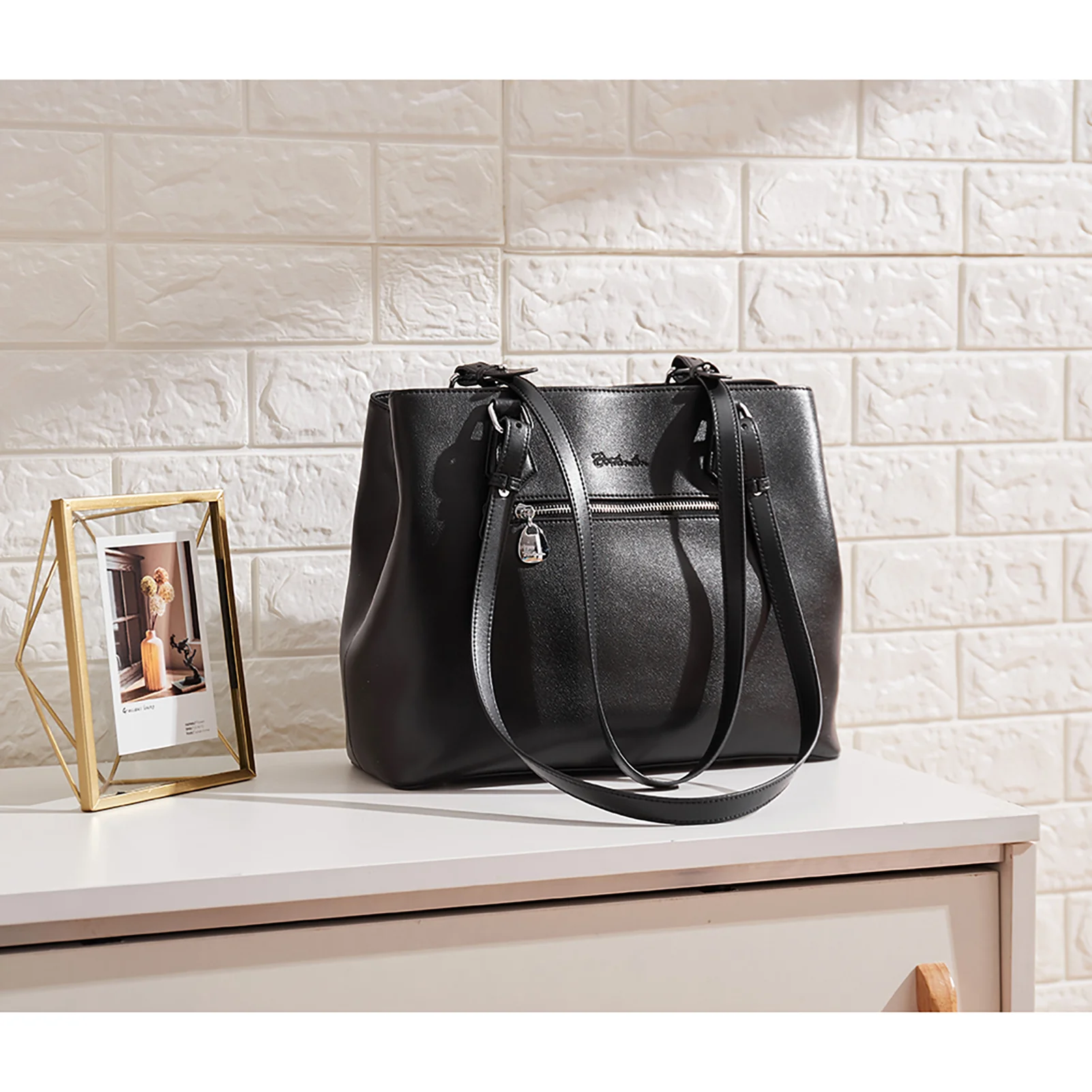 Nevin Structured Leather Shoulder Tote Bag - Front Zipper Pocket - Image 11