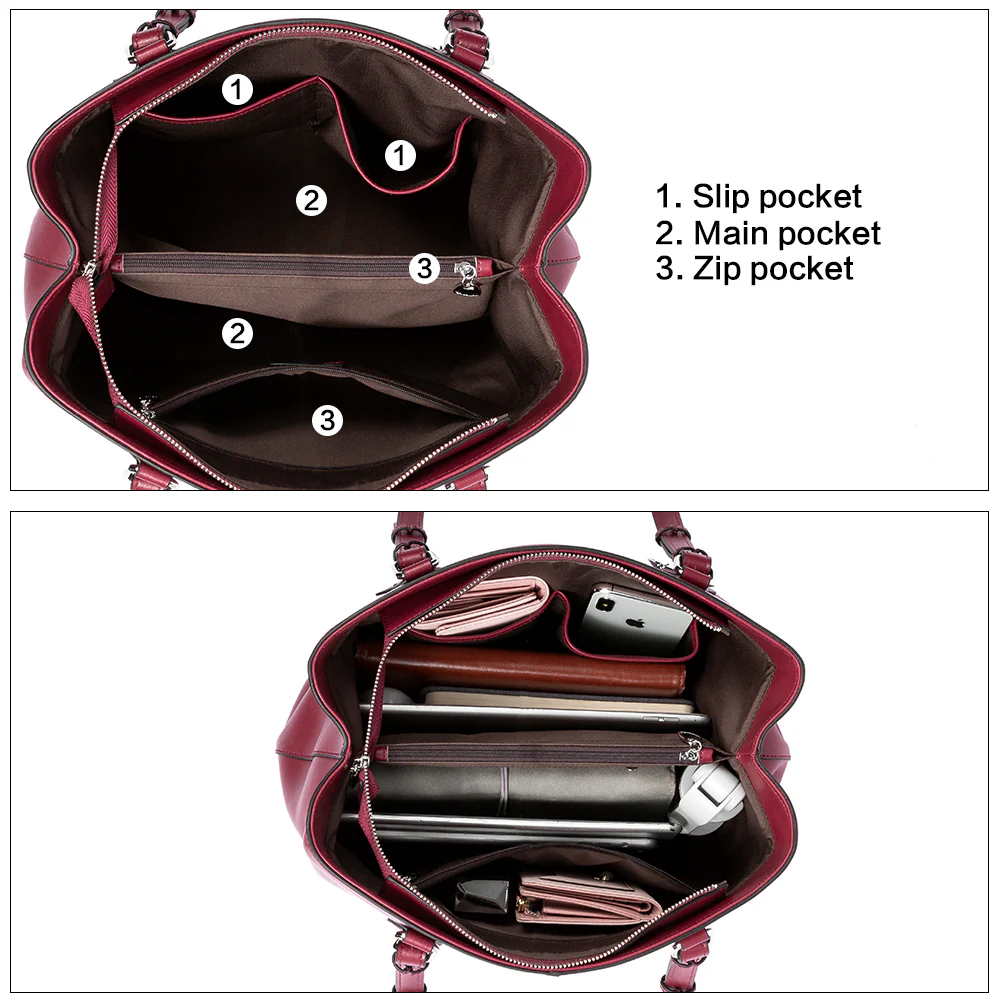 Nevin Structured Leather Shoulder Tote Bag - Front Zipper Pocket - Image 15