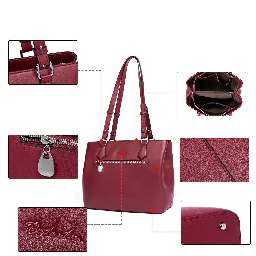 Nevin Structured Leather Shoulder Tote Bag - Front Zipper Pocket - Image 17