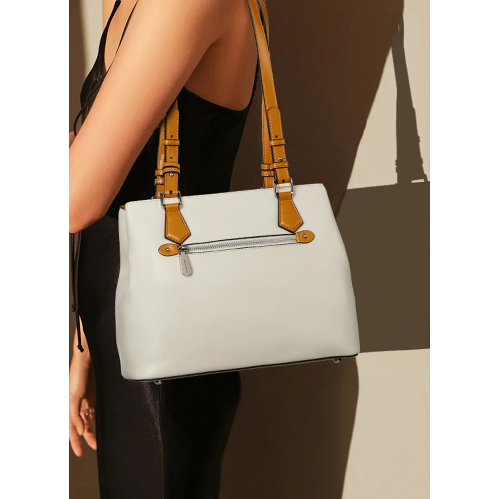 Nevin Structured Leather Shoulder Tote Bag - Front Zipper Pocket - Image 2